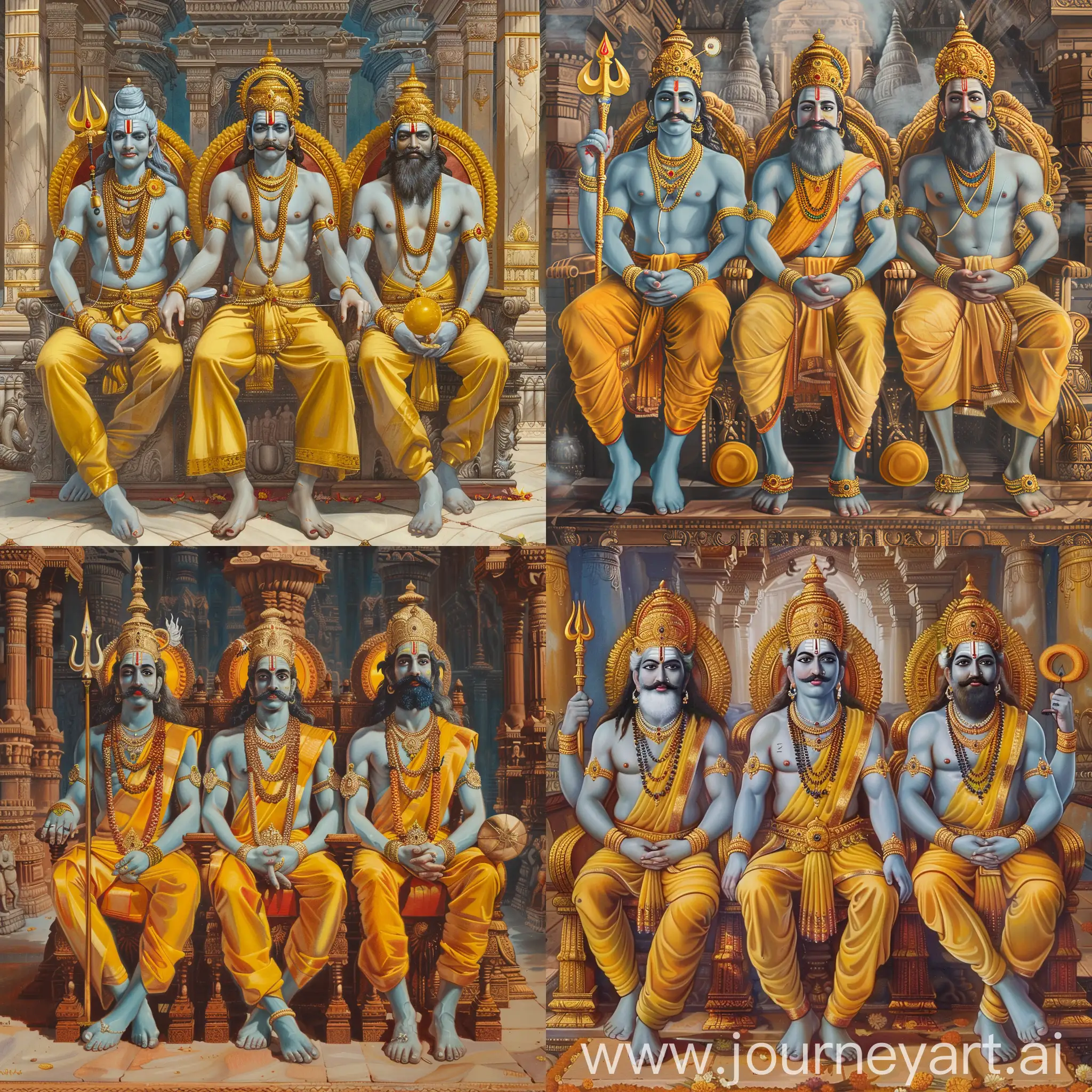 painting mode : 

painting mode : 
three Hindu gods are sitting on their imperial thrones, they all have Indian mustache, light blue skin and yellow pants,

Shiva is the left one, he holds a golden trident in his hands,
Brahma with beards is the center one,
Vishnu is the right one, he holds a golden round hammer in his hands,

they are all inside a splendid Hindu temple,