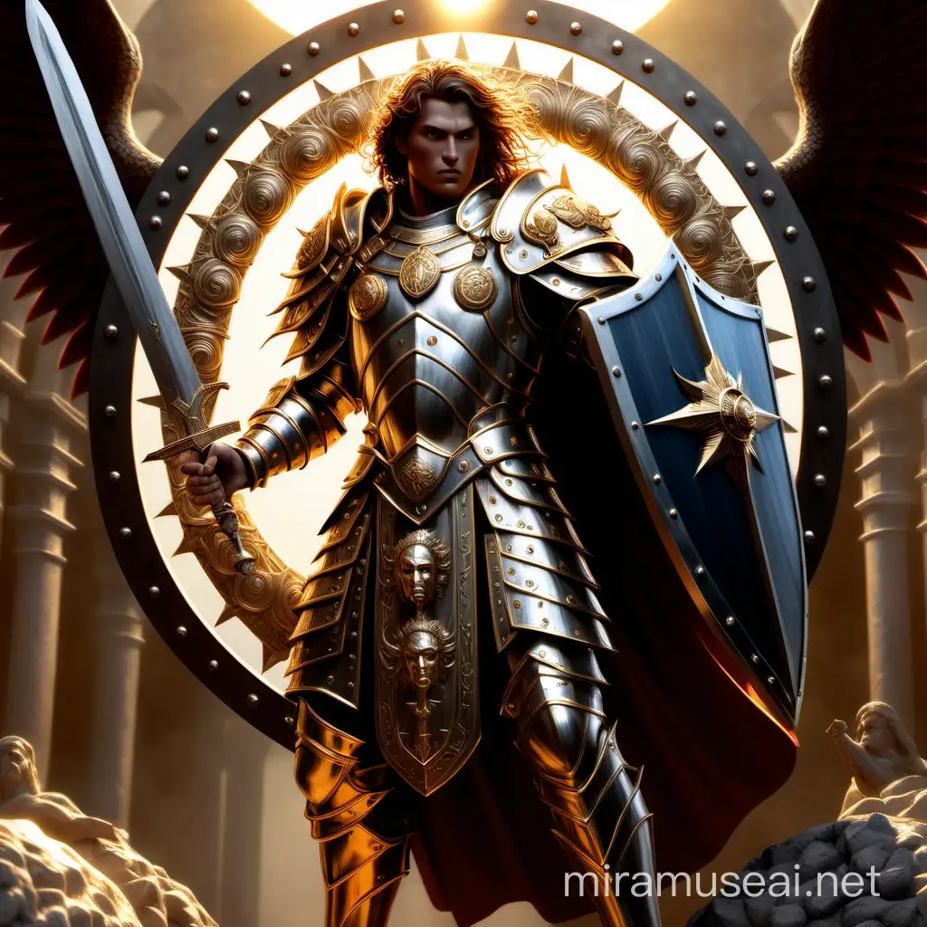aasimar, Paladin, Male, Pathfinder, Digital Art, Intricate, Hyperdetailed, Dramatic Lighting, Hyperrealism, Fantasy Art, Beautiful, Hyperdetailed, Detailed, Intricate, Photorealistic, holding a longsword and shield with a holy symbol of iomedae on his shield which is a sword placed onto a sun