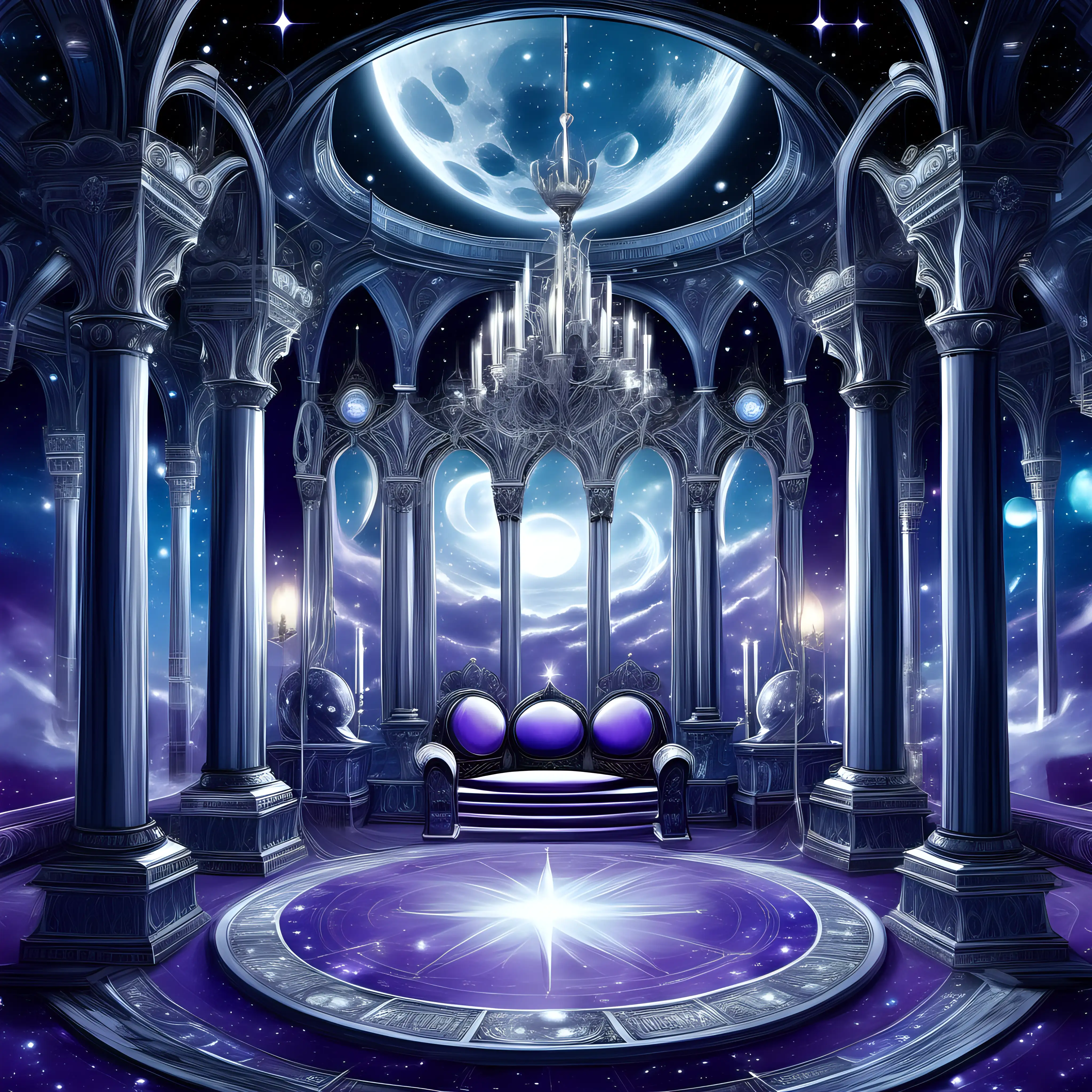 a celestial court based on the moon, dreamy fantasy world, cool colors, blues, purples, white and gray, lunar, silvery, throne, court of silver skinned black haired people, wonder, kingdom court, moonstone pillars, moon phase windows, chandelier