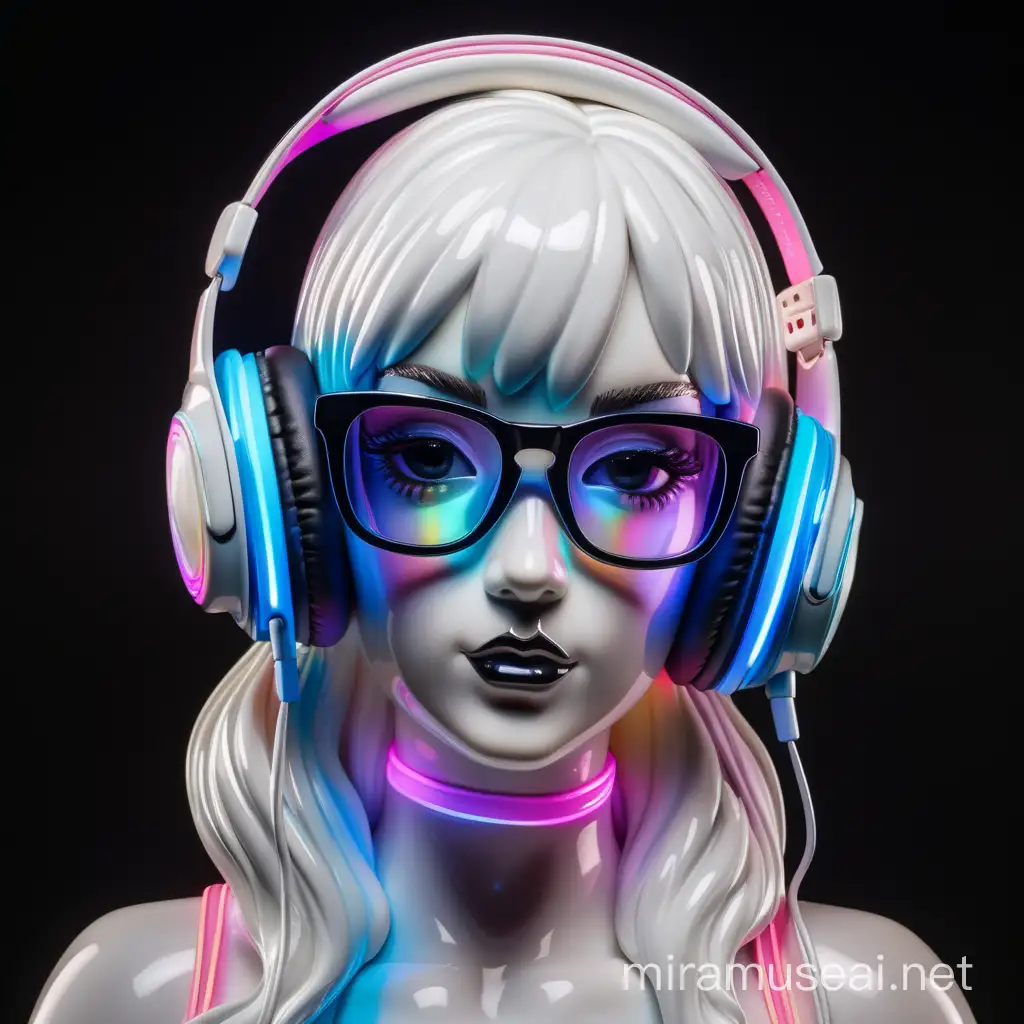 Produce a white shiny iridescent neon colored porcelain figure of a beautiful curvy feminine woman
Strong expression dynamic
Wearing headphones sweets hair ribbon glasses
portrait frontal looking to the camera
Black background