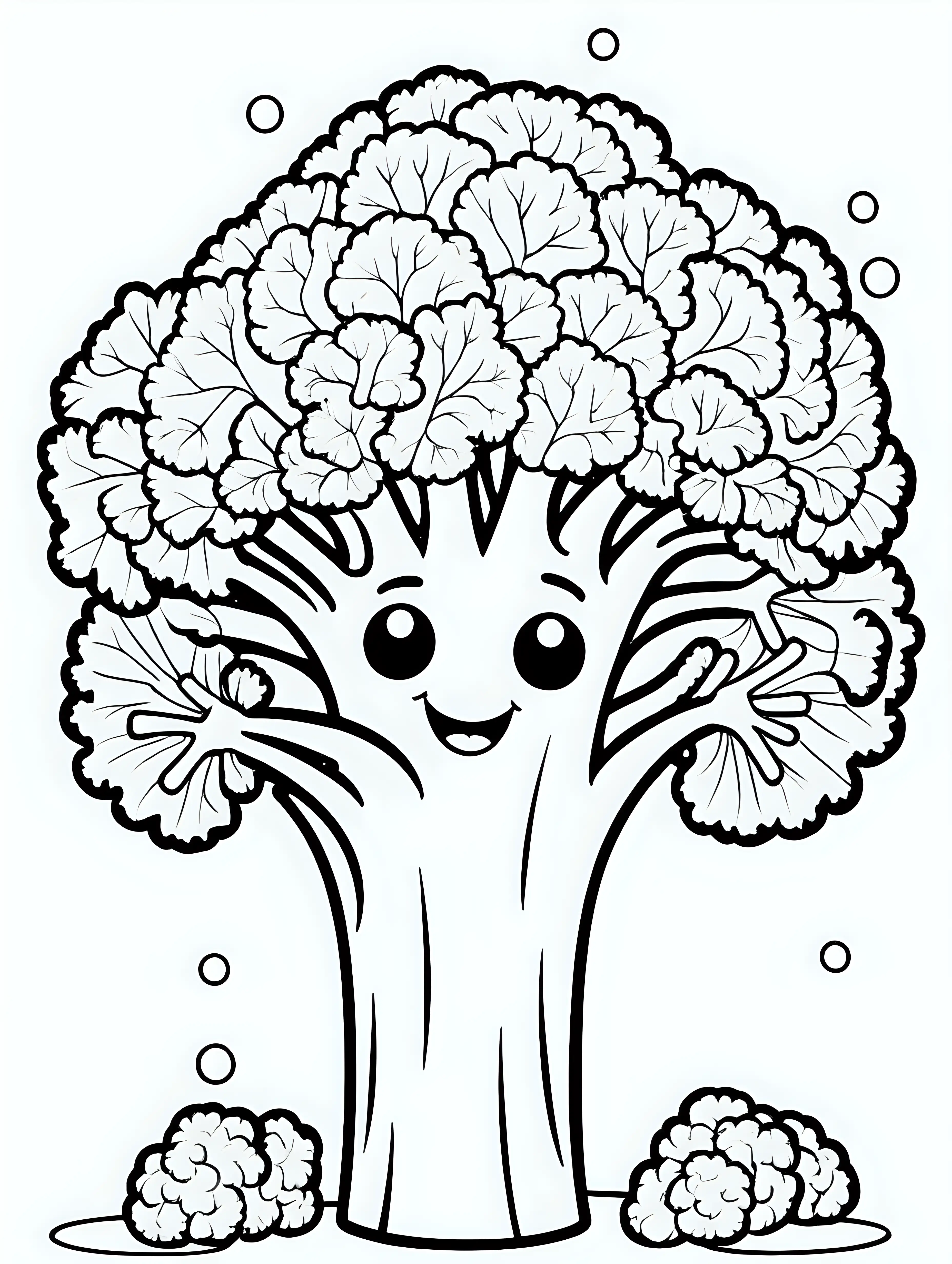 cute broccoli colouring page, kids colouring, simple, thick lines, black and white 