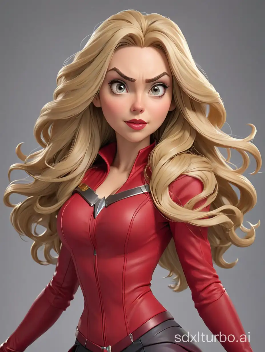 caricature of a woman blonde long hair, wearing a Scarlet Witch costume, gray background.