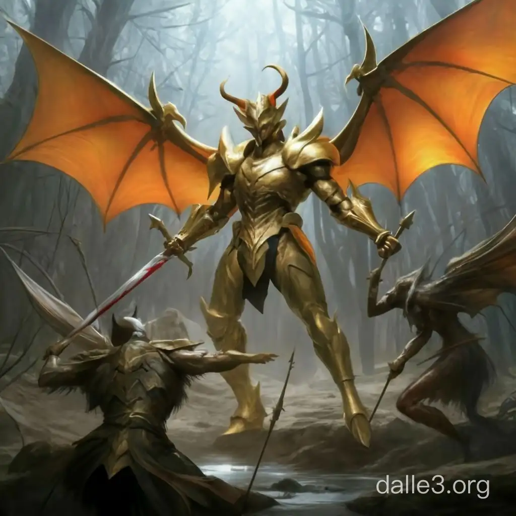 Demon in golden armor hitting another demon with bat wings with a sword while a flying demon shoots arrows in a swamp