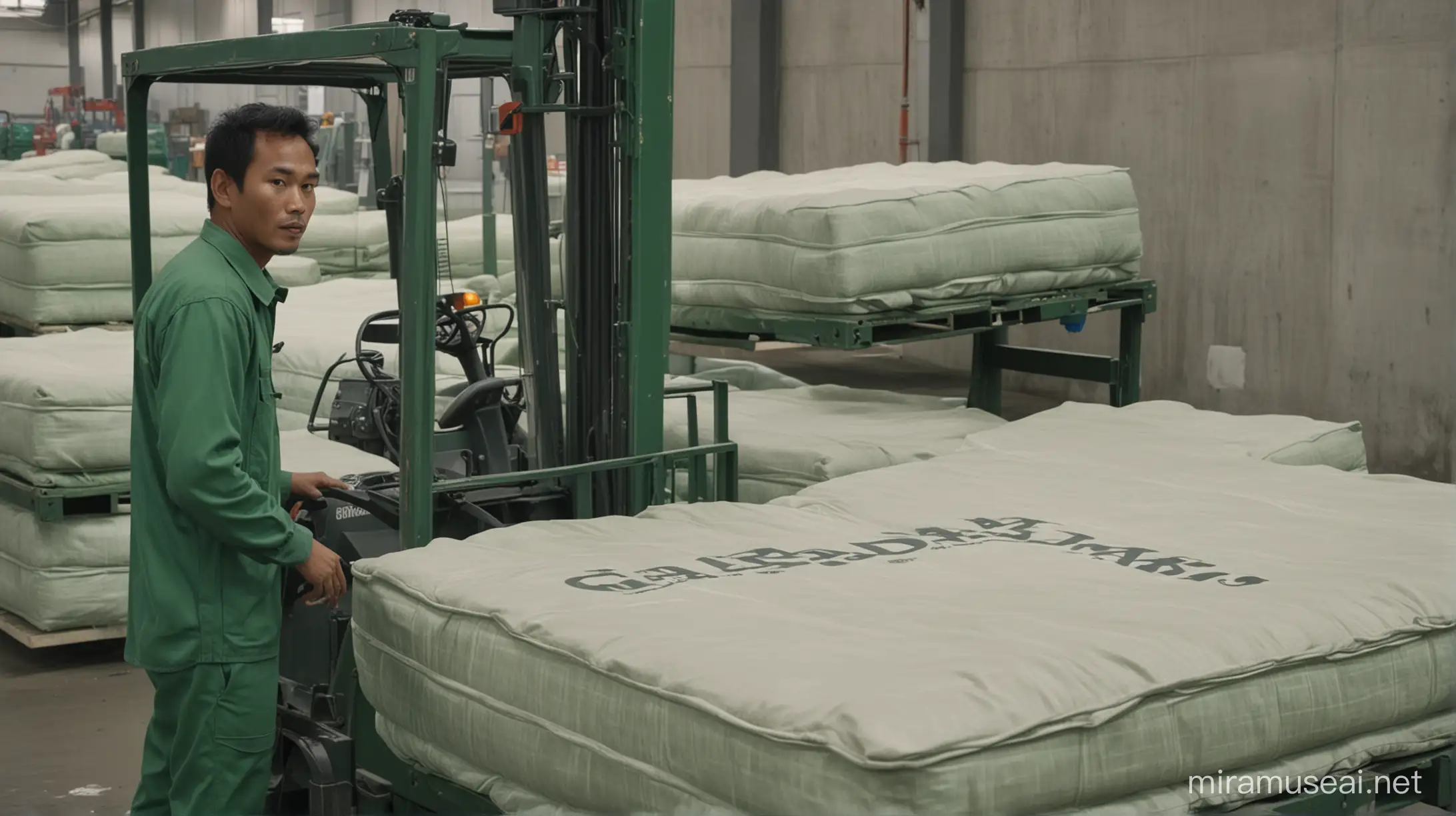 an Indonesian man, clean face, worker at a mattress factory, dressed in green with the words "GALADIZ", seen a lot of production activity, seen a forklift carrying a mattress, realistic, HD