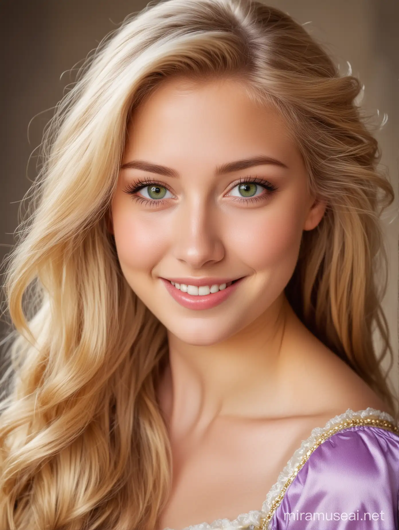 Pretty teen princess rapunzel blonde hair green eyes smiling at you closeup. Portrait 