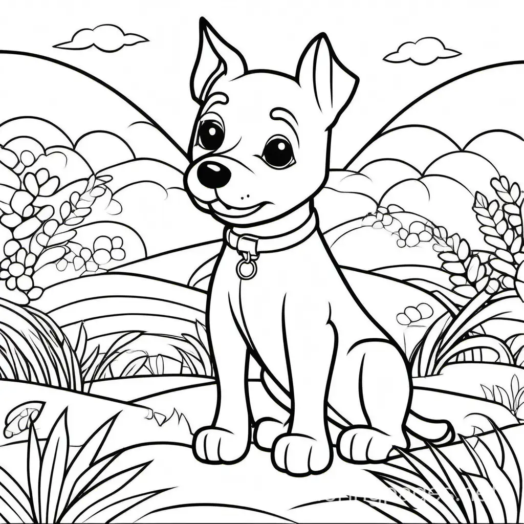 Cute dog coloring book style, Coloring Page, black and white, line art, white background, Simplicity, Ample White Space. The background of the coloring page is plain white to make it easy for young children to color within the lines. The outlines of all the subjects are easy to distinguish, making it simple for kids to color without too much difficulty