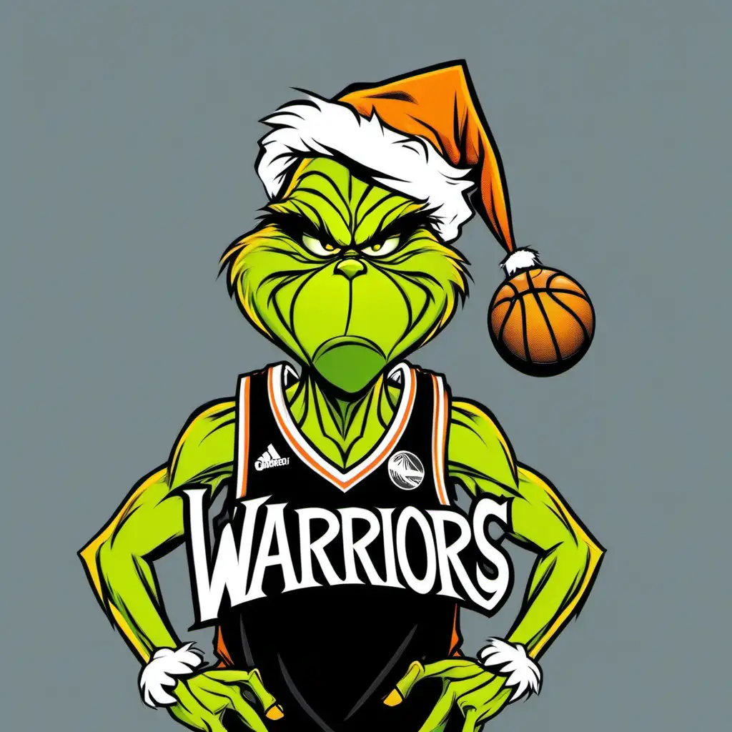 Grinch with a black and orange basketball jersey that says Warriors