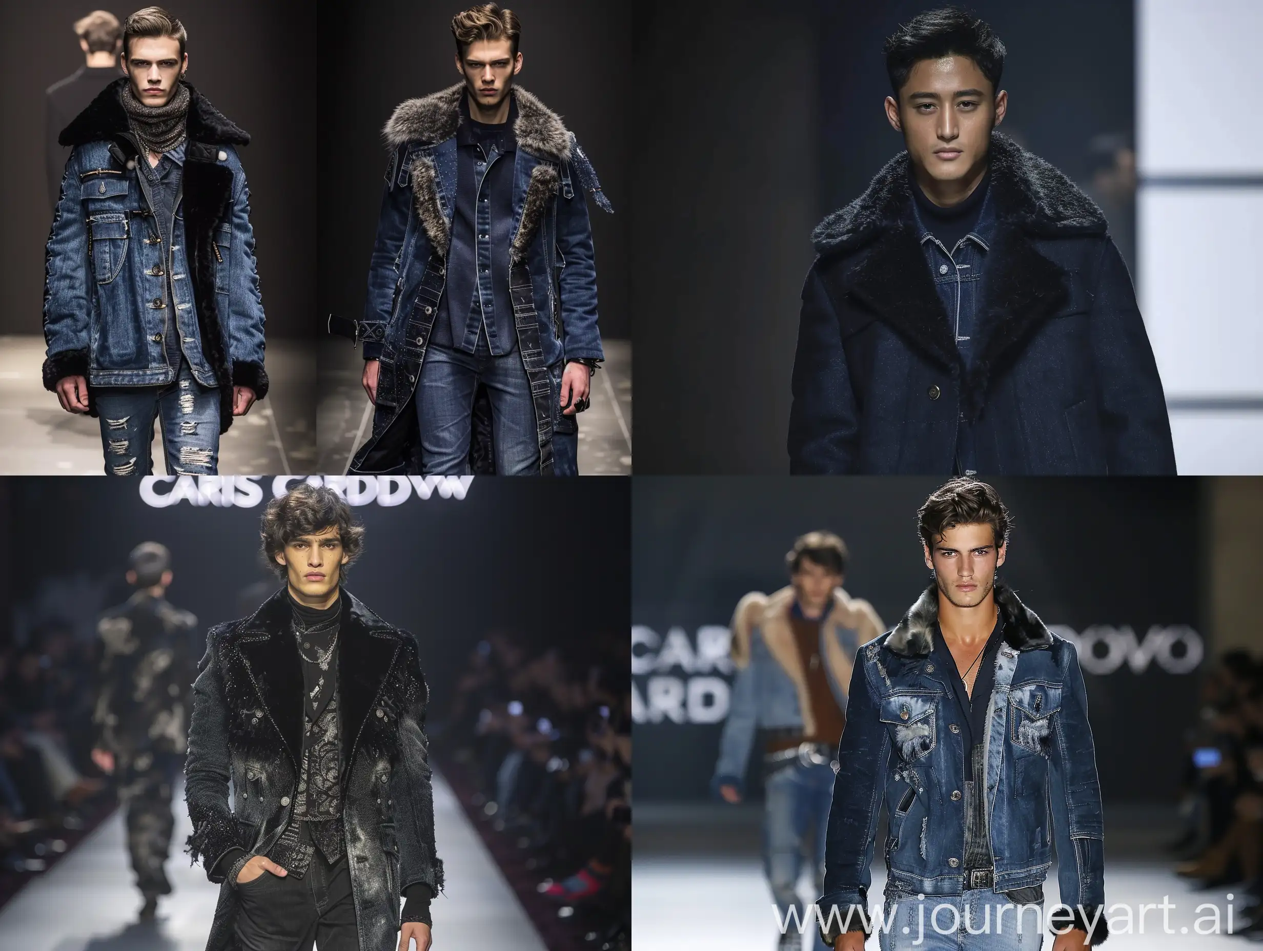 Male model handsome slim runway CARLOS  CORDOVA haute couture for men coats denim fur 