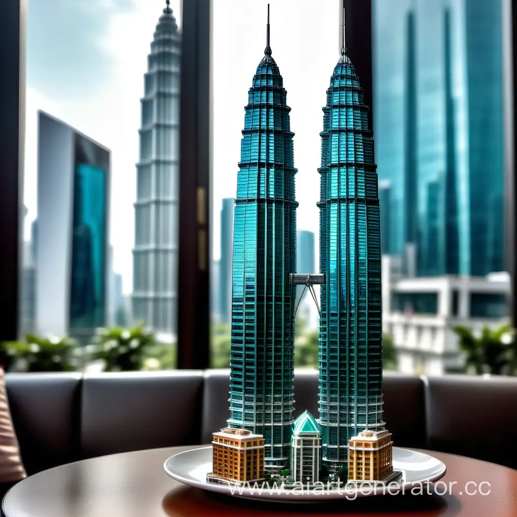 figurine, ((petronas twin towers)), on a coffee table,  zoom-in, portait, blur paris cafe background, mastepiece, Best Quality, 8K resolution, no tall buildings
