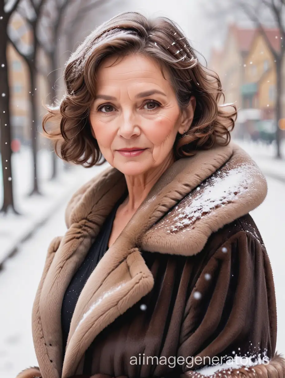 An aged woman in a fur coat, short wavy brown hair, snowing