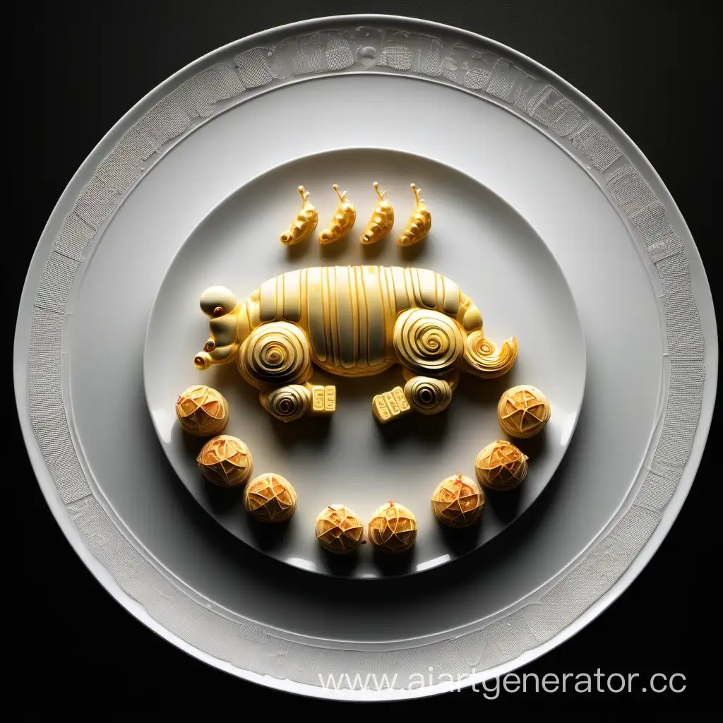 Еда мишлен в тарелке на чёрном фоне, символизирующая знак зодиака дева