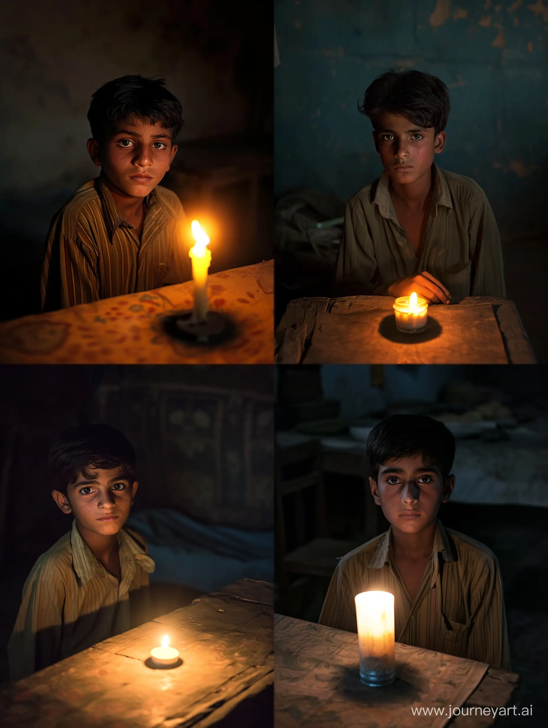 A charming 19-year-old Pakistani boy sits in front of a table illuminated by the soft glow of a single candle.