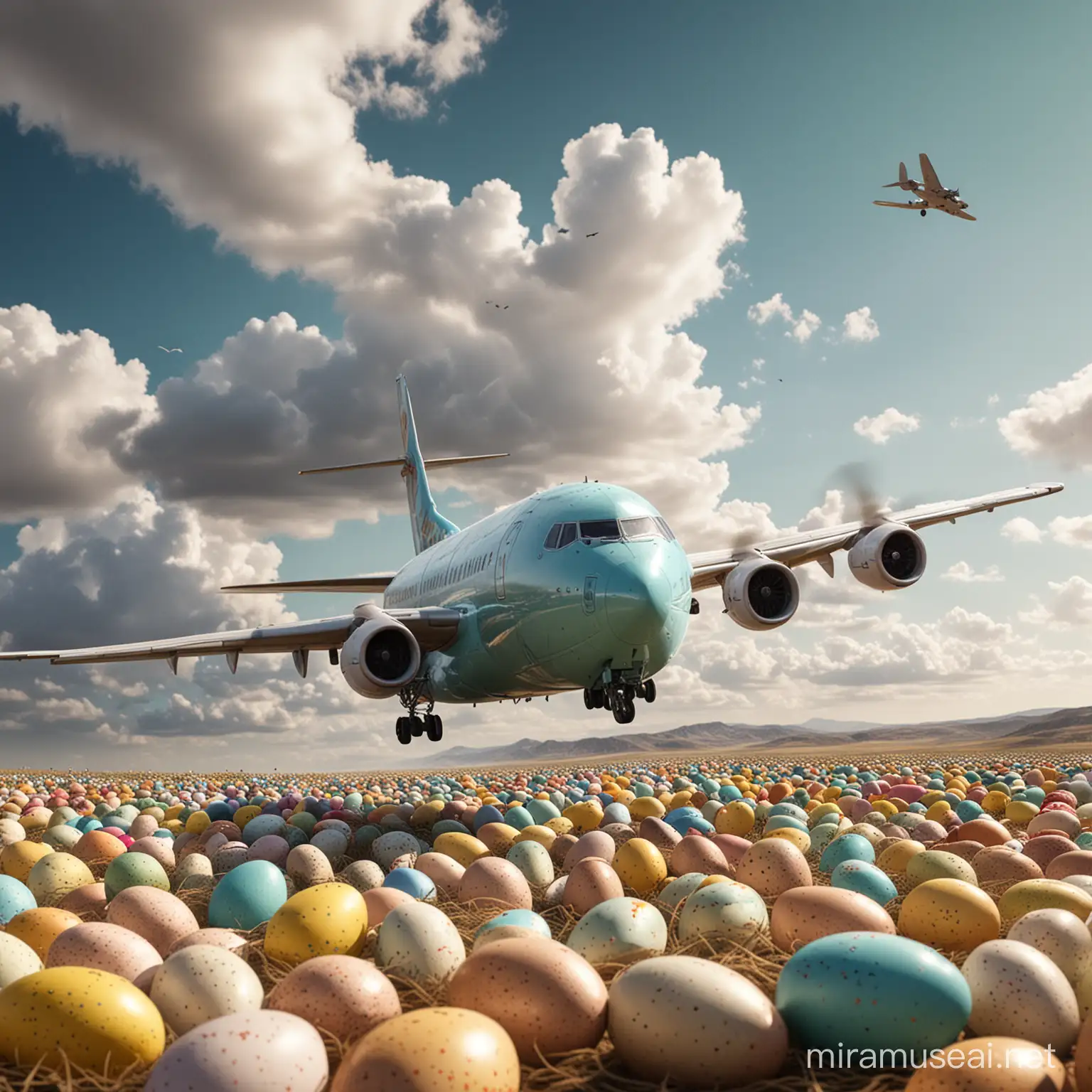 A wide photorealistic image combines Easter theme, including an airplane