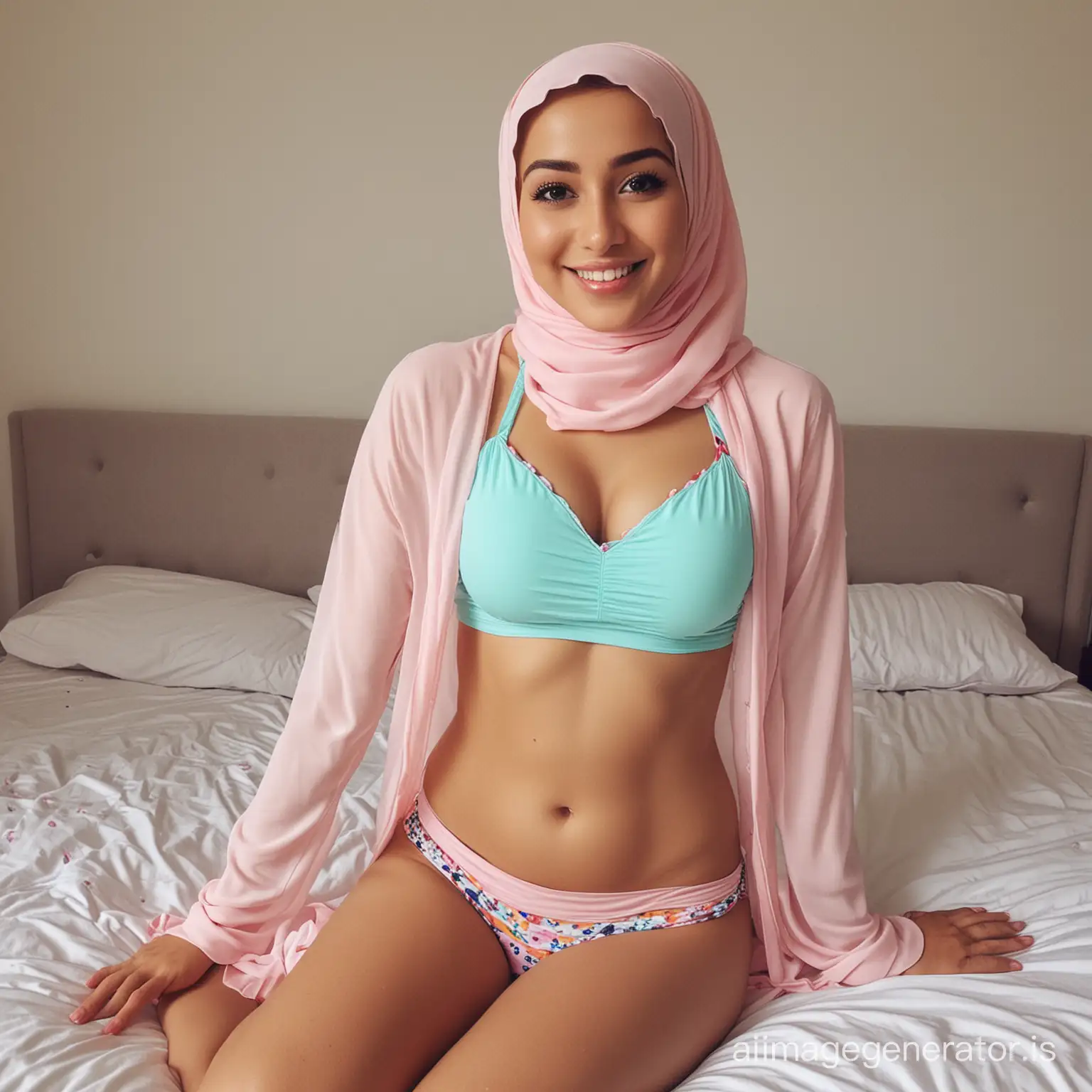 hijab, bikini, nice tummy, smiling, bedroom