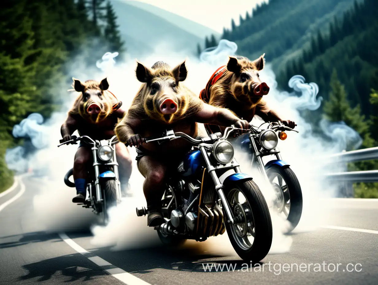 Three-Boars-Racing-on-Motorcycle-Down-Mountain-Road