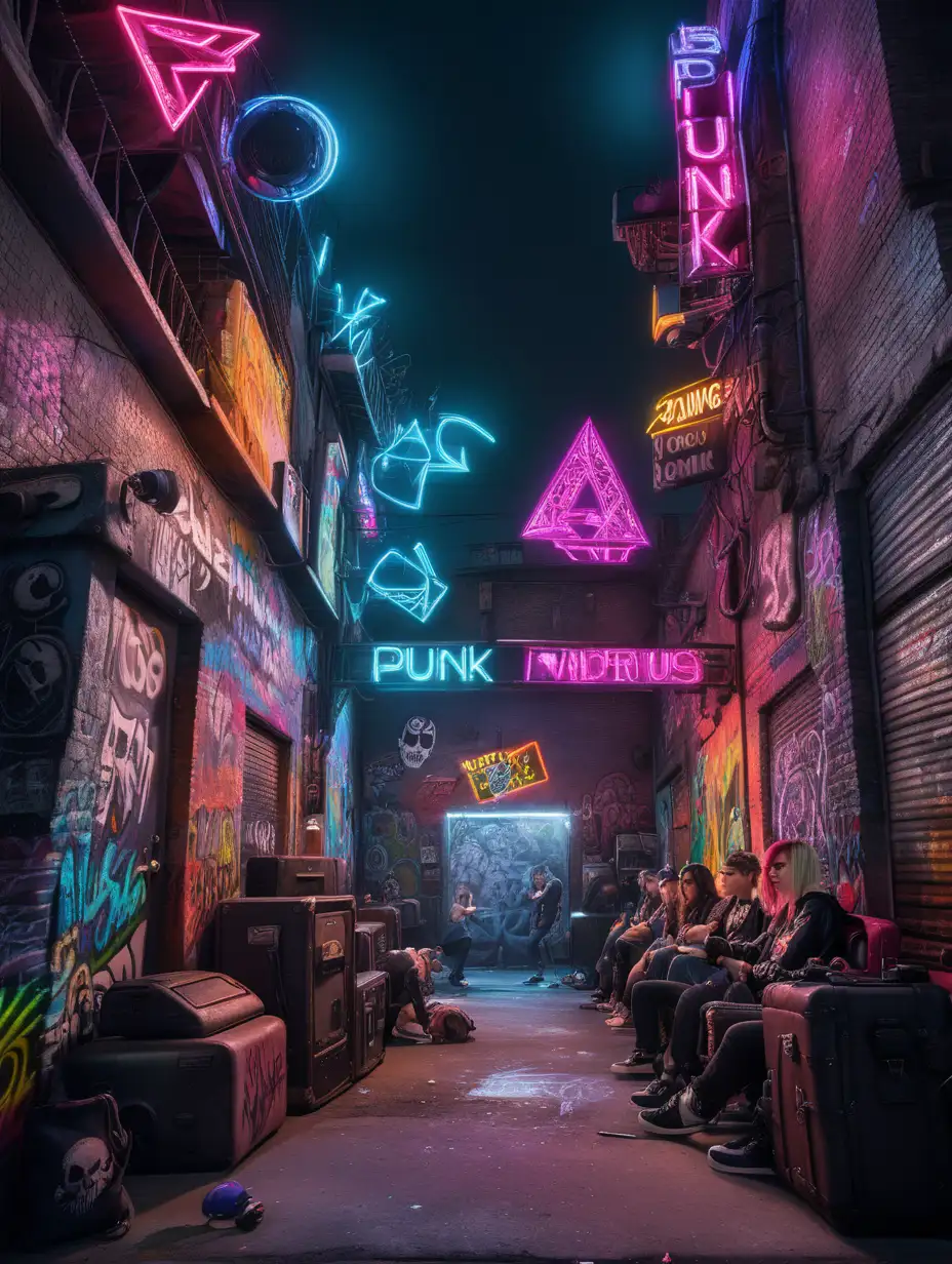 Chaotic Punk Anarchy Street at Night with Neon Lights and Vibrant Characters
