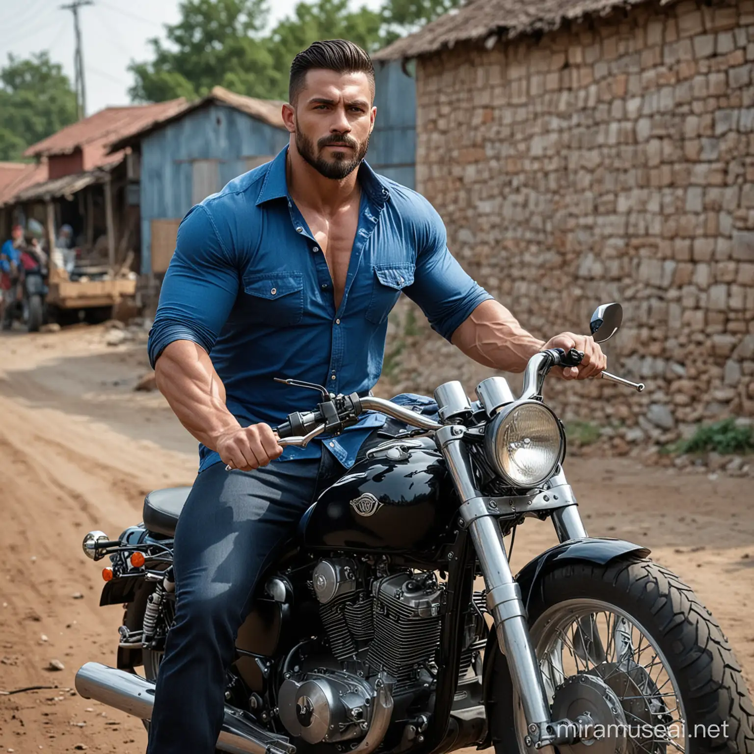 Big giant muscular build men wearing unbuttoned jet black and blue shirt at village on heavy motor bike