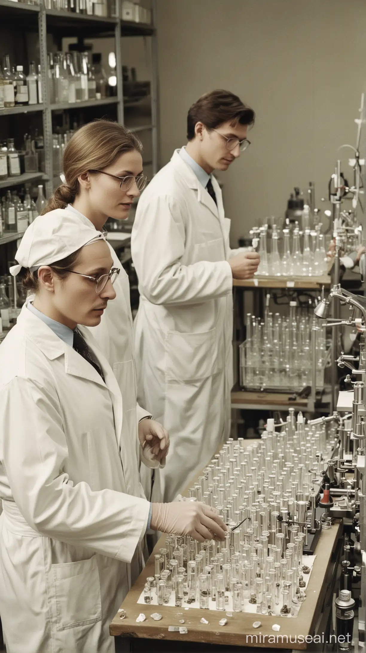 Some scientists in civilian clothes, in a lab, synthesizing magnesium glycine, a factory assembly line