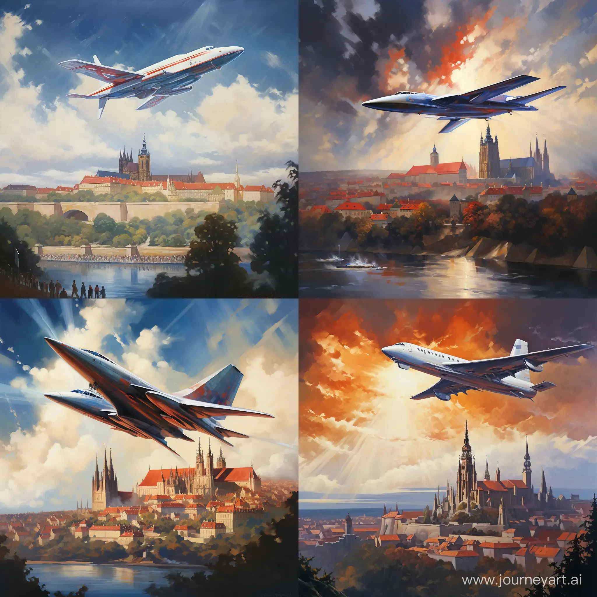 Painting of Concorde flying above Prague Castle, as an oil painting made by a very famous painter