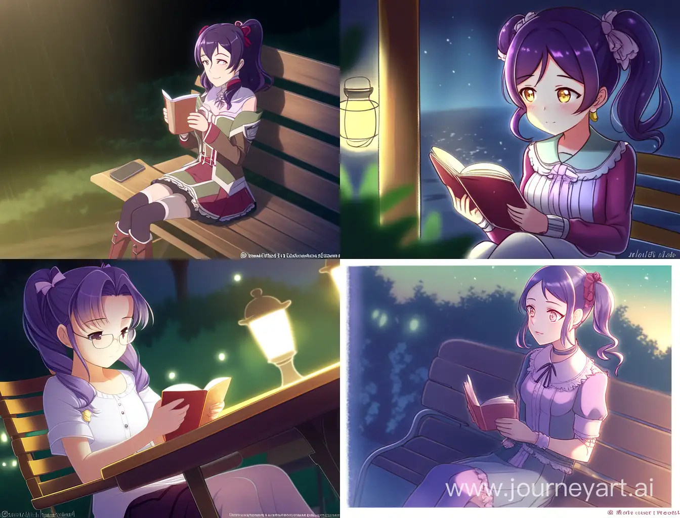 Девушка, темно-фиолетовые волосы с 2 короткими хвостиками сверху, 4 размер груди, сидит на лавочке, вечер, читает книгу