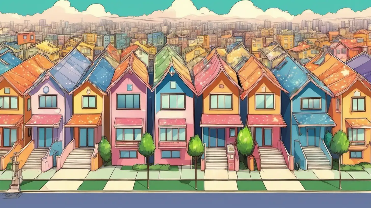 In cartoon anime style, a neighborhood full of colorful houses similar to CalArt style