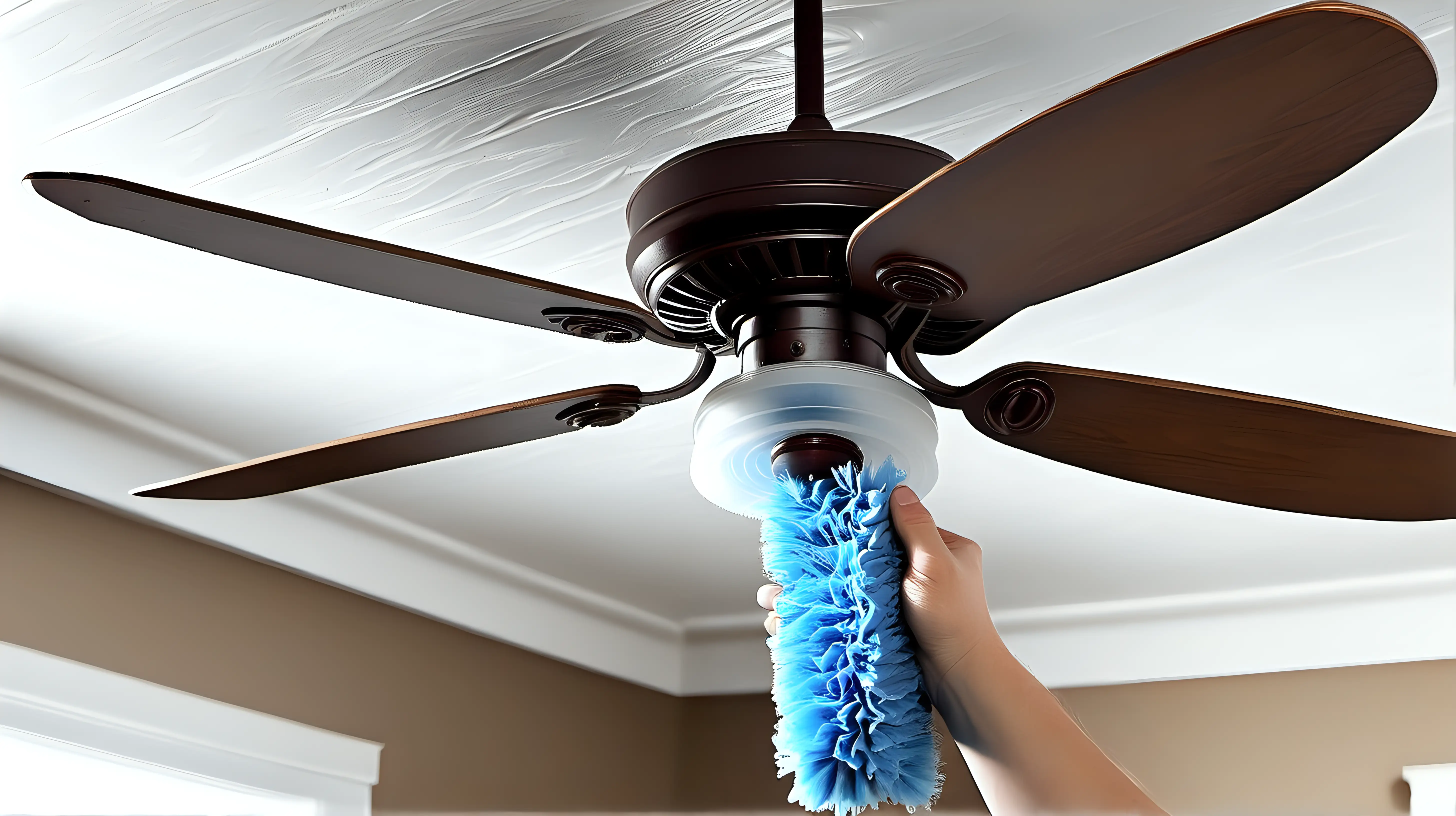 Ceiling Fan Cleaning with Blue Duster on Long Wood Stick