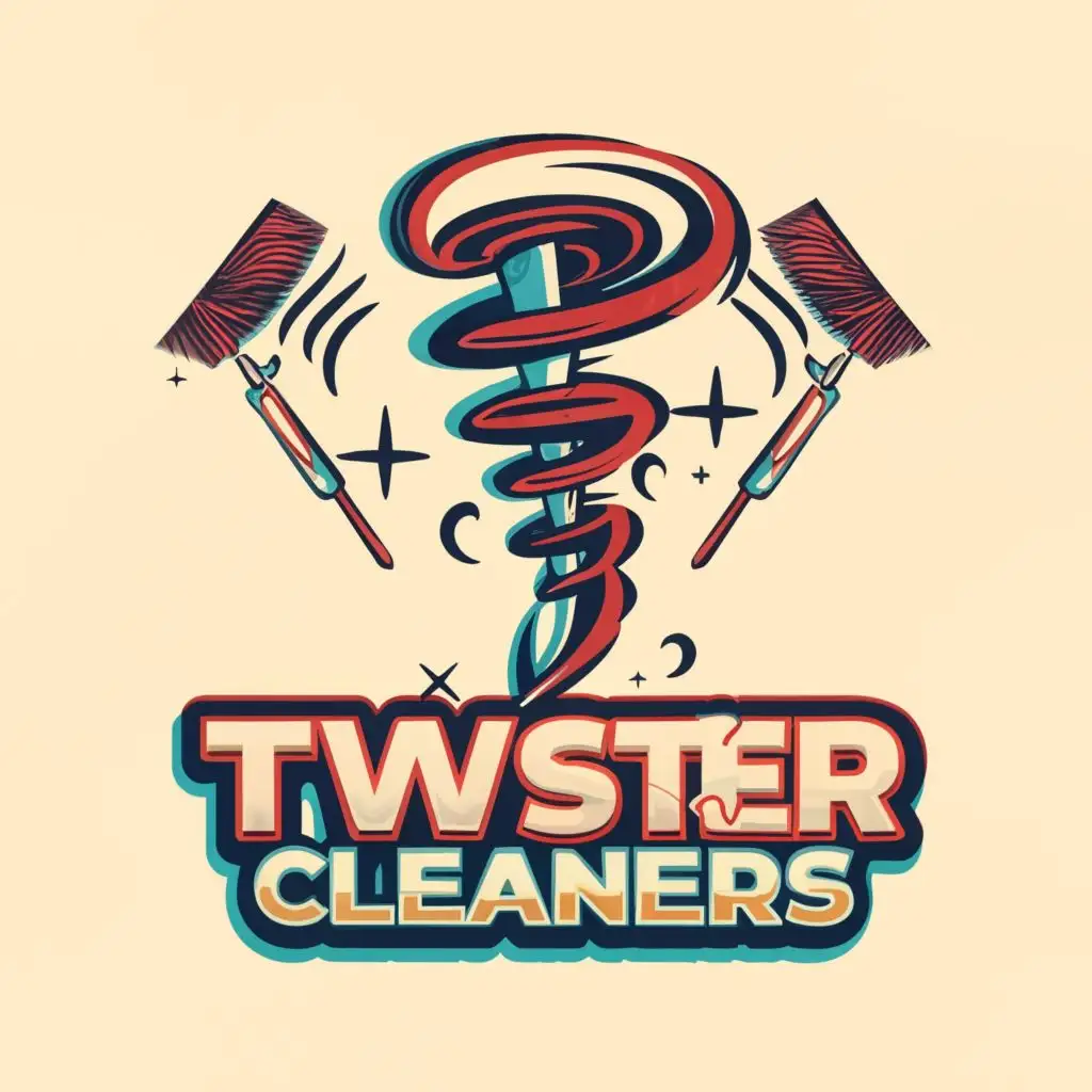 logo, Tornado with mop and broom, with the text "Twister Cleaners", typography