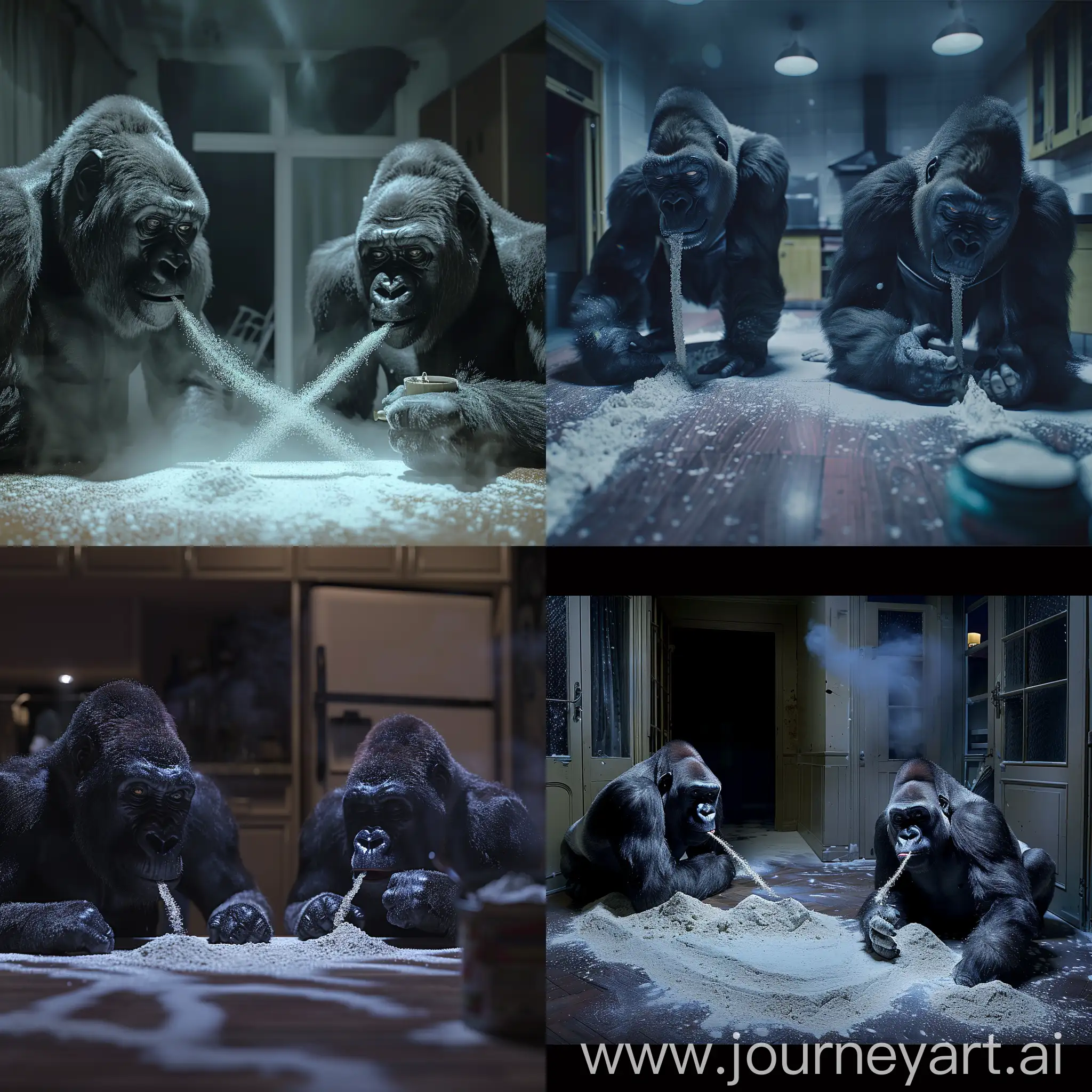 Ive walked into a room and caught 2 gorillas snorting lines of flour, realistic, night time, 4k