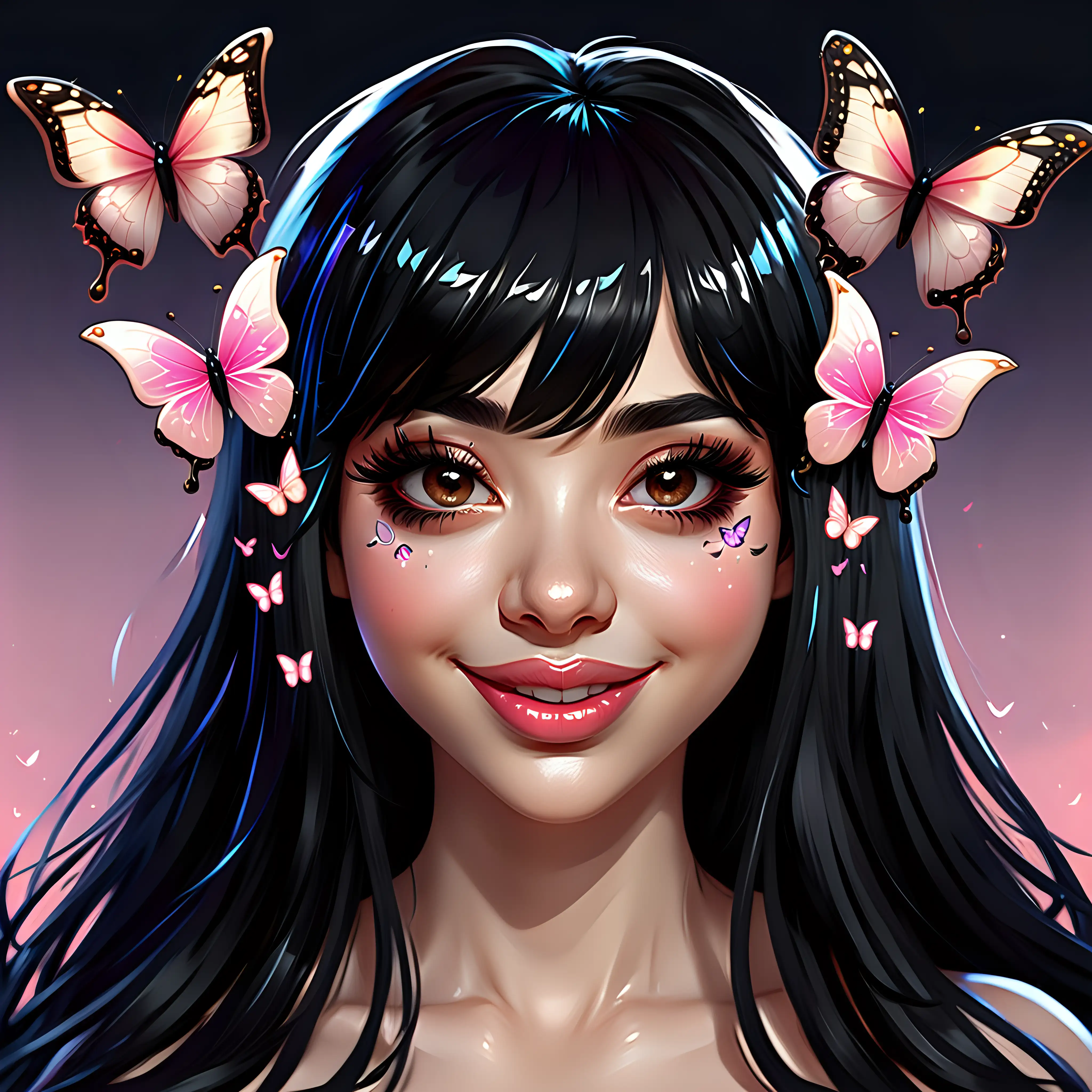 Elegant Twitch Emote Smiling Woman with Black Hair and Butterflies