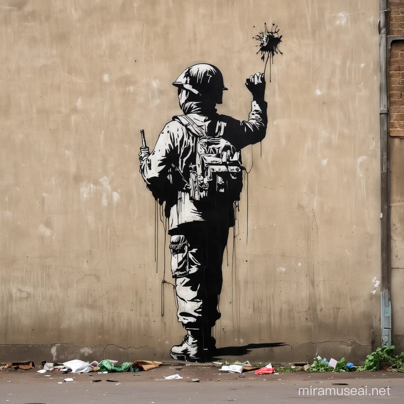 a graffiti that banksy would make it should describe the current state of the wrold and all the wars going on around us