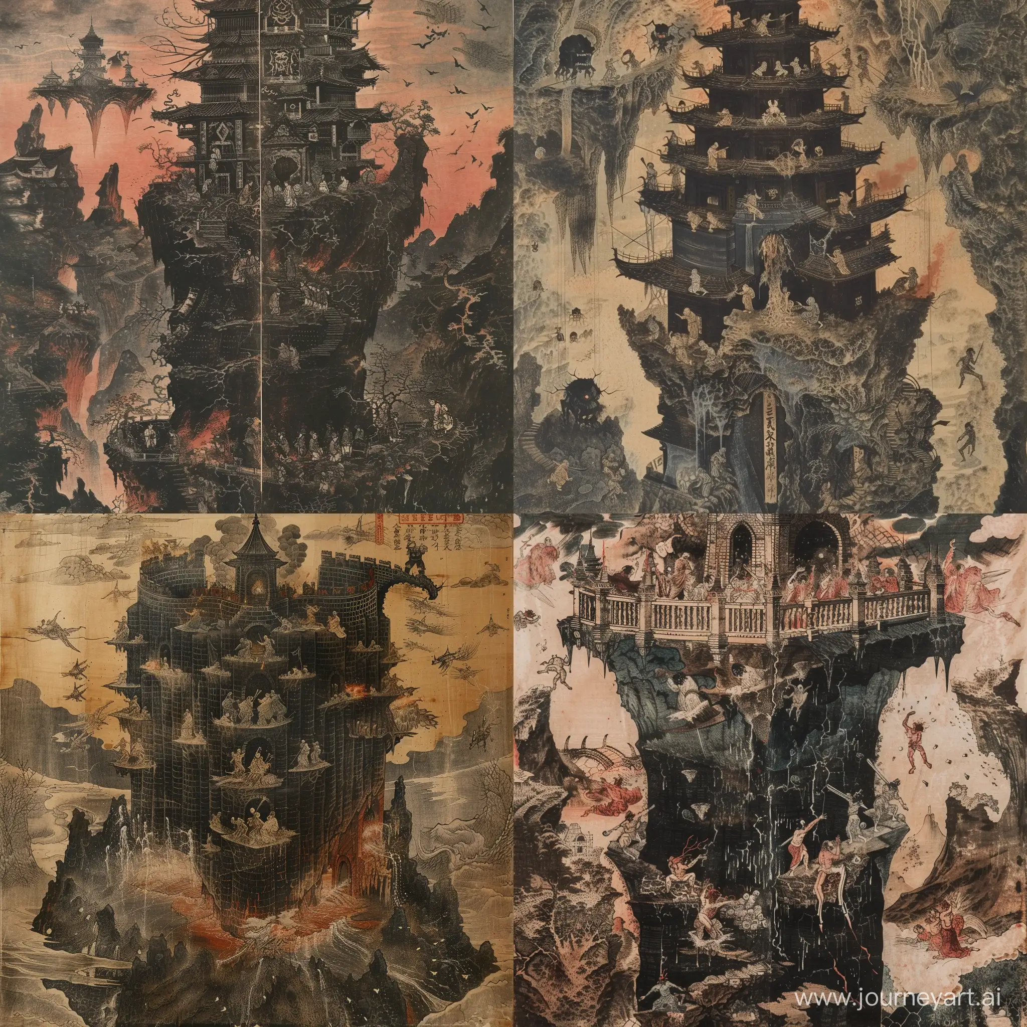 A towering fortress carved from black stone, perched on the edge of a bottomless abyss, its walls echoing with the screams of tortured souls, sinners are getting punished by an evil being,  Ukiyo-E painting style, woodblock prints, vintage, japanese style, edo period, detailed