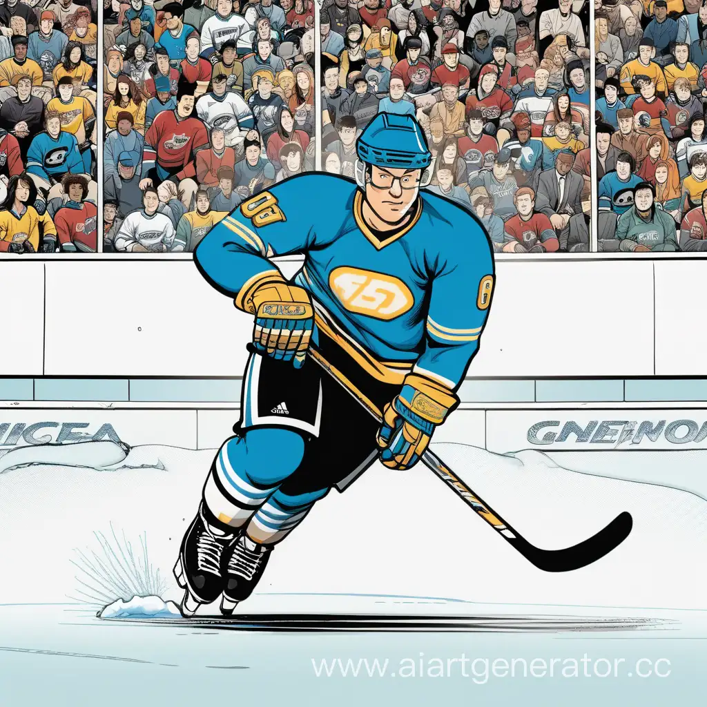 вдалеке хоккеист весело играет на льду в стиле комикса