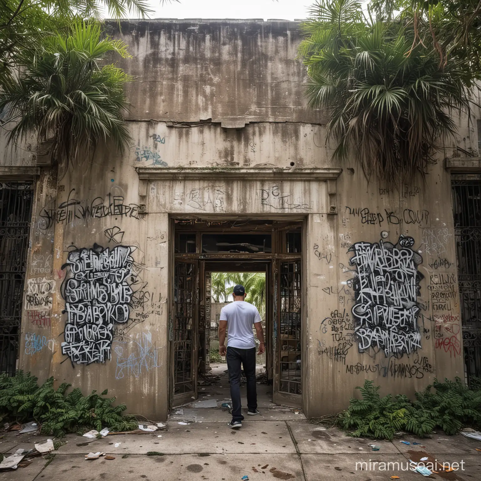 Man stumbles upon the crumbling edifice of the hidden library in Miami Florida—a dilapidated structure hidden behind a veil of graffiti and urban decay, its presence pulsing with dark energy and mushrooms