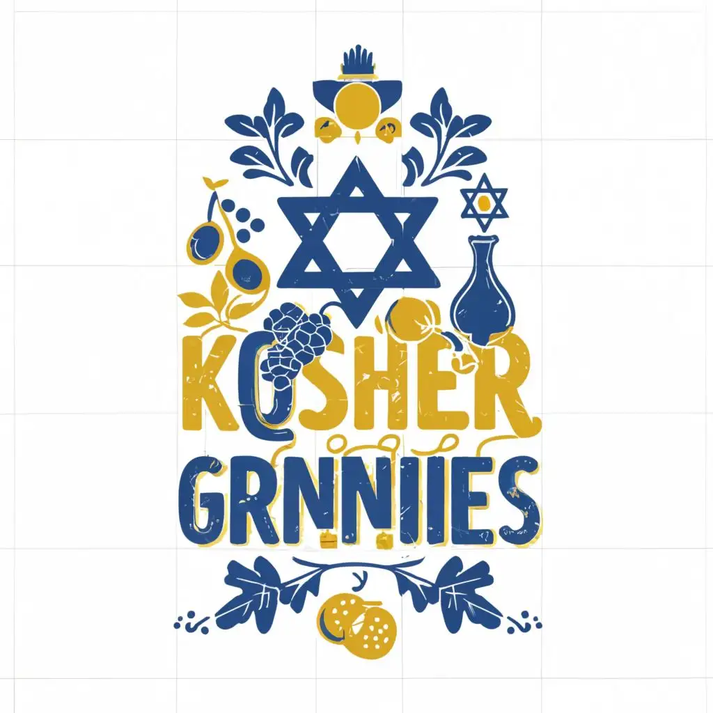 logo, Israel, Yellow, Blue, White, pomegranate, fig, olives, grape, Menorah, Joan Miro, Star of David, put it on tile portugal style, with the text "Kosher Grannies", typography