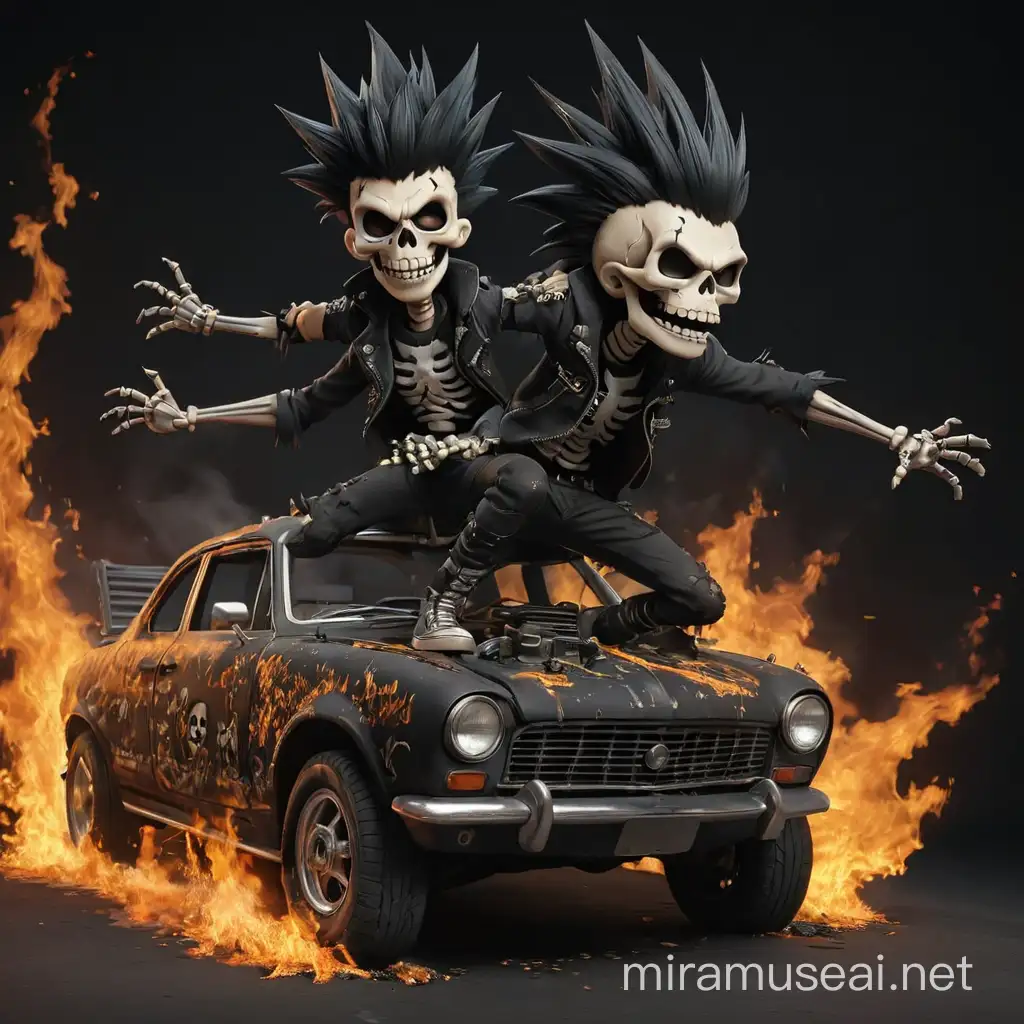 Punk Skeletons with Spiky Black Hair Jumping on Burning Car in a Dark Setting