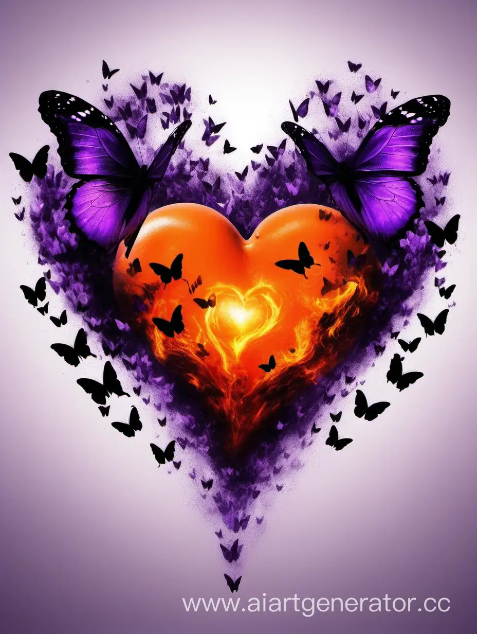 Orange heart with black fire and purple butterflies 