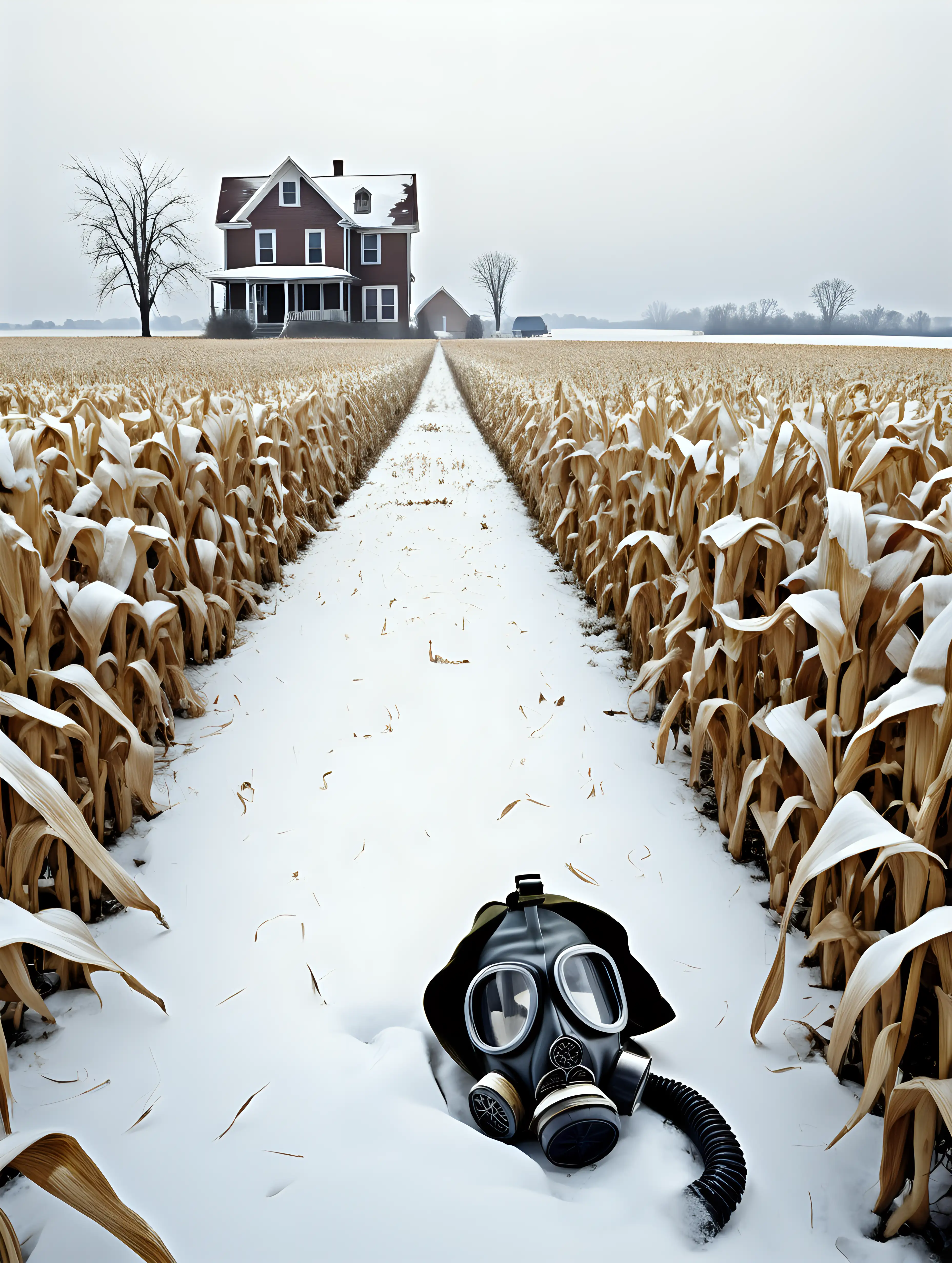 dead tall cornfield to the side, light snow on the ground, house in the distance, gas mask laying on ground 