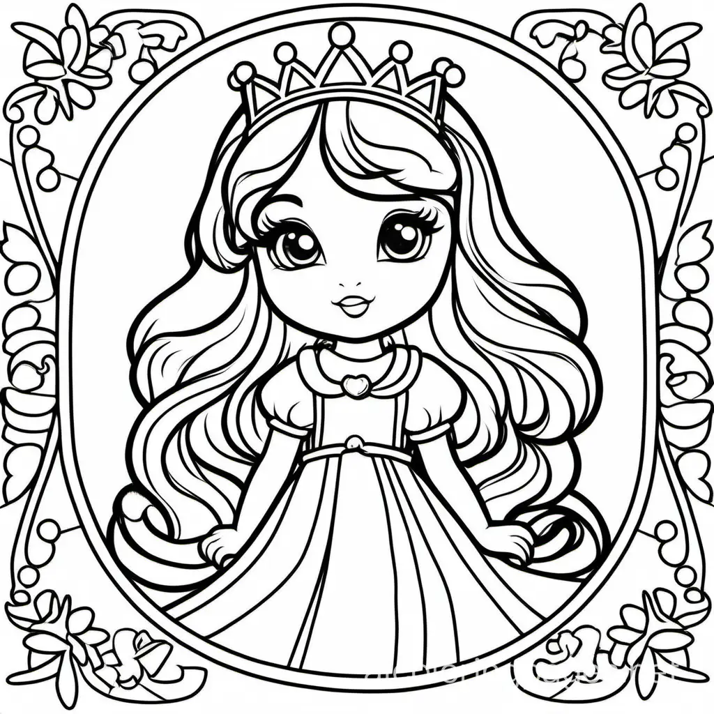 The little princess kitten, Coloring Page, black and white, line art, white background, Simplicity, Ample White Space. The background of the coloring page is plain white to make it easy for young children to color within the lines. The outlines of all the subjects are easy to distinguish, making it simple for kids to color without too much difficulty