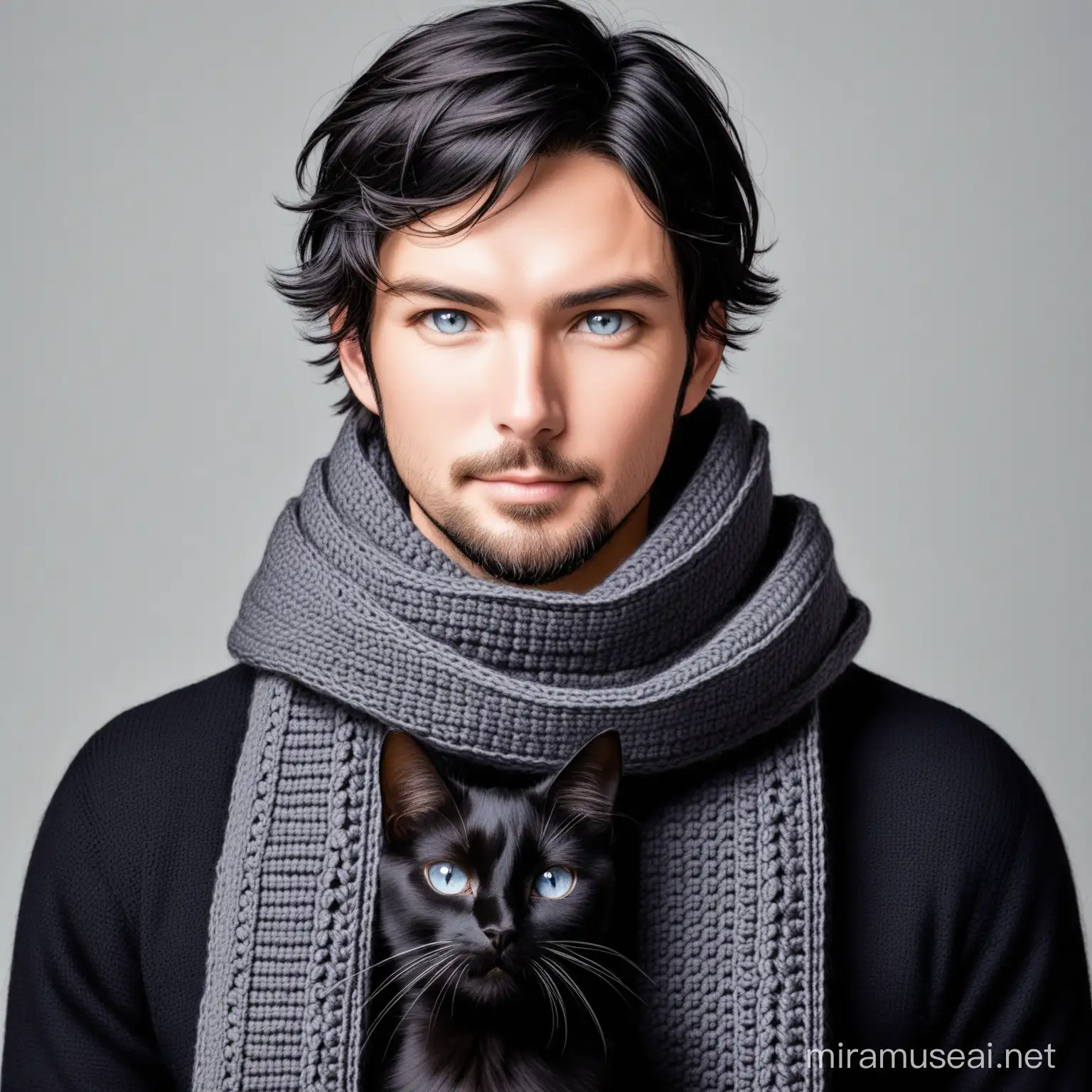 40 year old Caucasian male blue grey eyes short black hair crochet wool scarf with black cat
