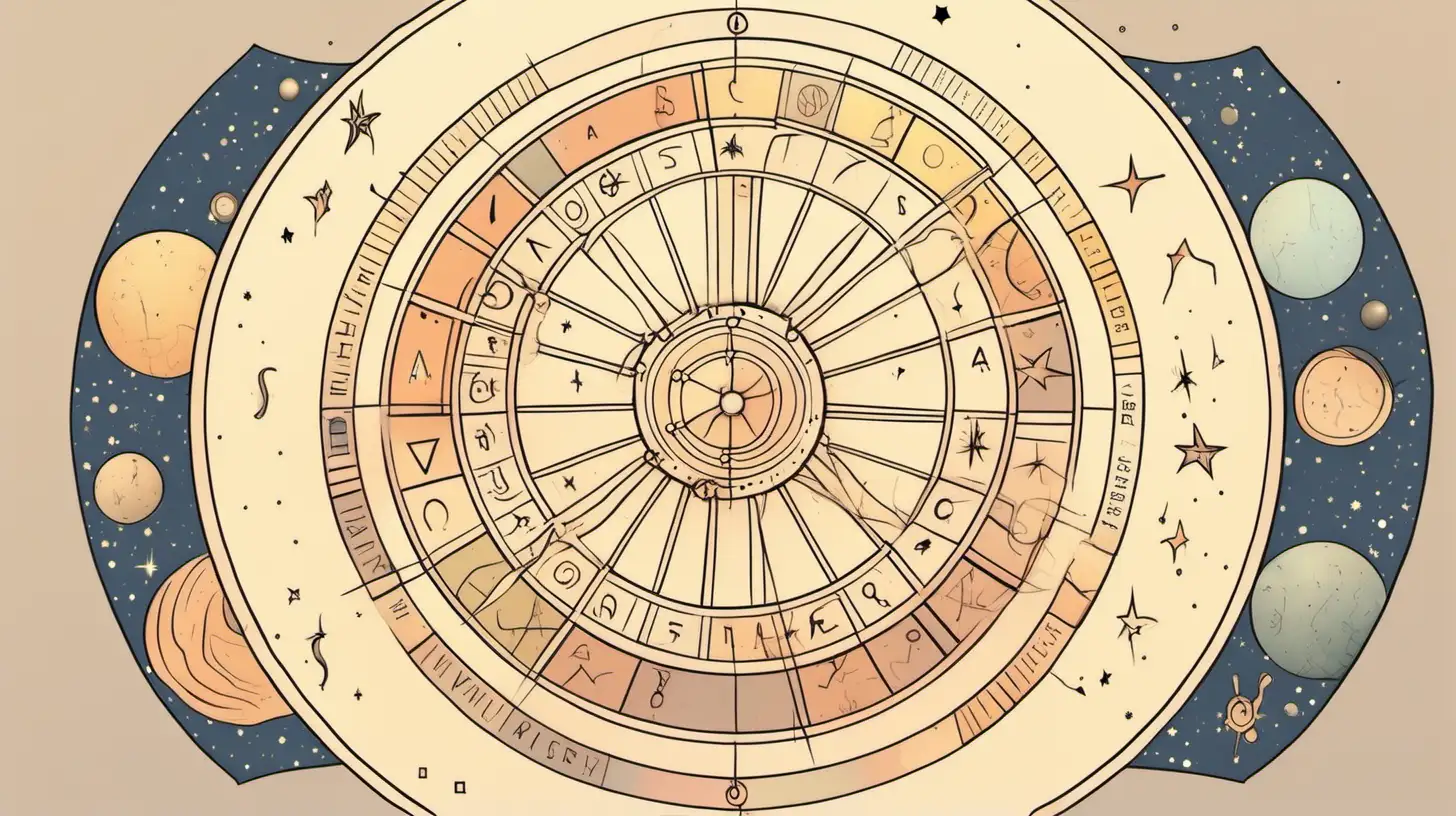 Draw An astrological wheel with
 ladder , Loose lines. Muted color, add a banner with text