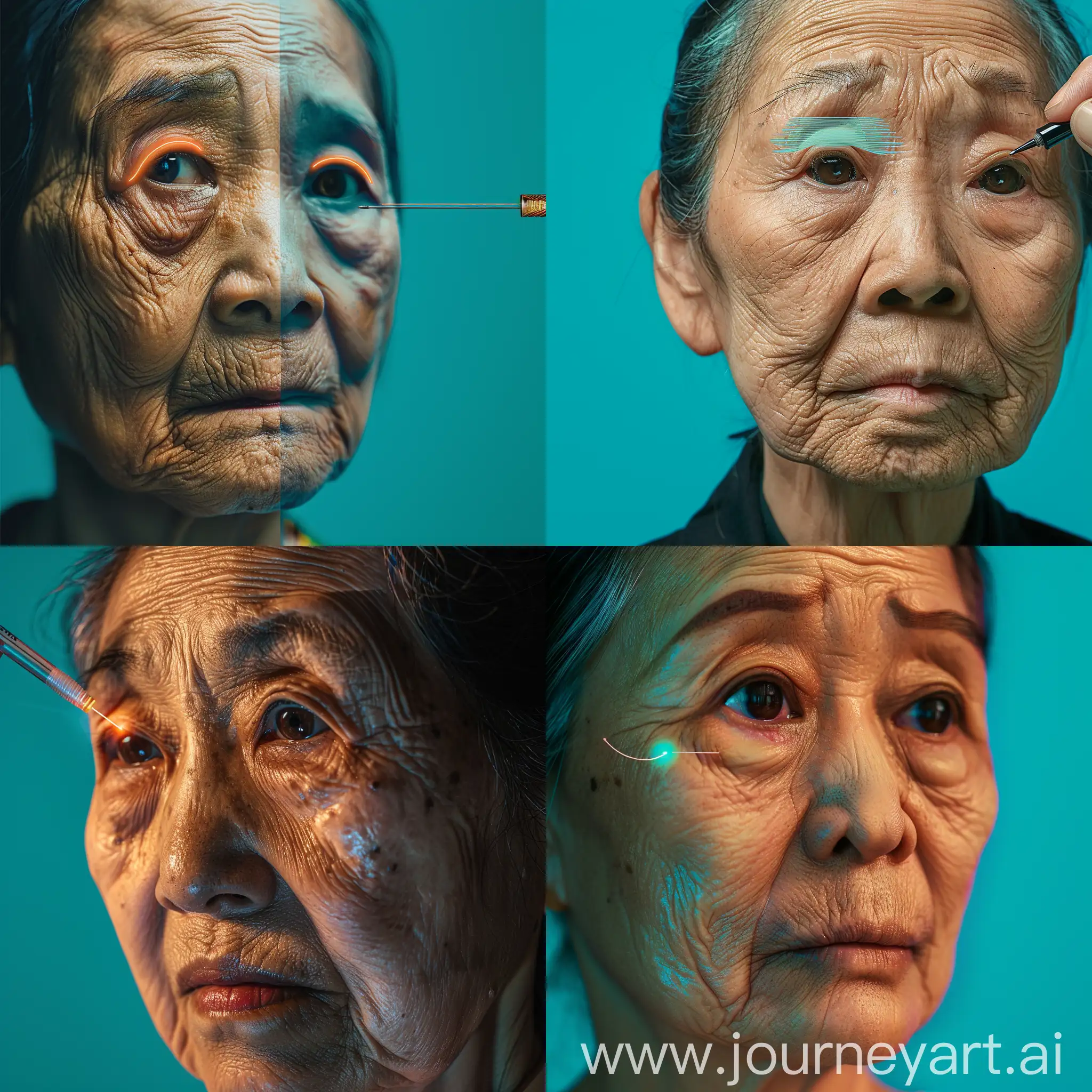 an old asian woman portrait,Visible wrinkles,left half of the face is young and flawless,cyan background, a laser pen retouching her eyelid,cosmetic photography 