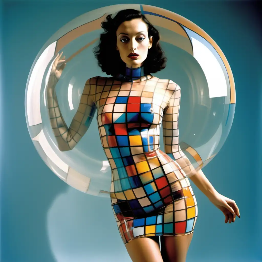 Nude Fashion Model in SkinTight SeeThrough Dress Cubist Interpretation with Salvador DaliInspired Squares Lines Bubbles and Vibrant Colors