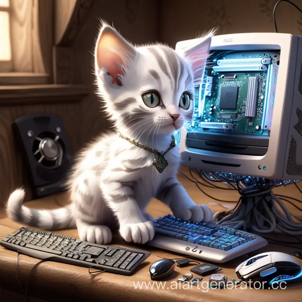 Adorable-Elvish-Kitten-Disassembling-Computer-with-Curiosity