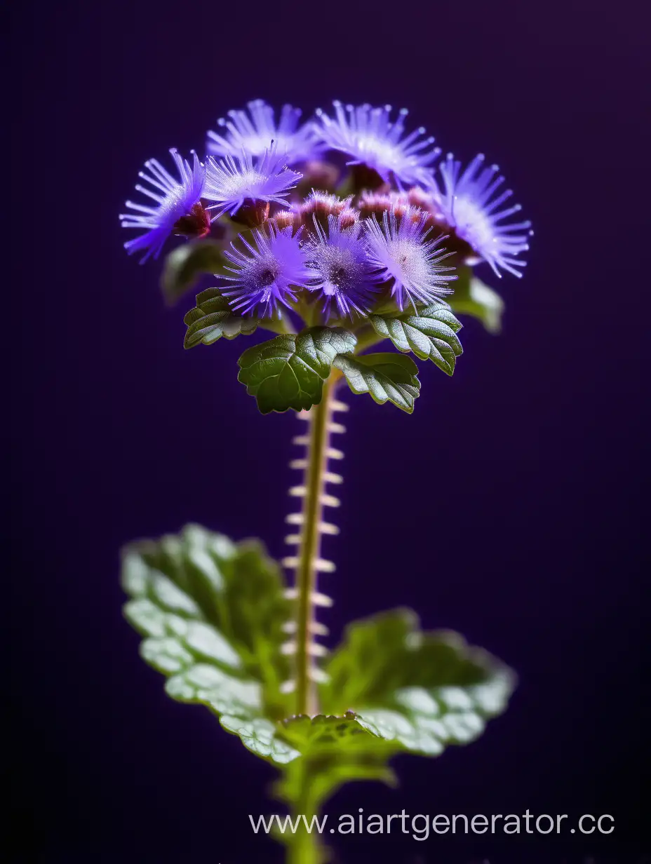 Vibrant-Ageratum-Flower-Blossoming-on-Dark-Purple-Background