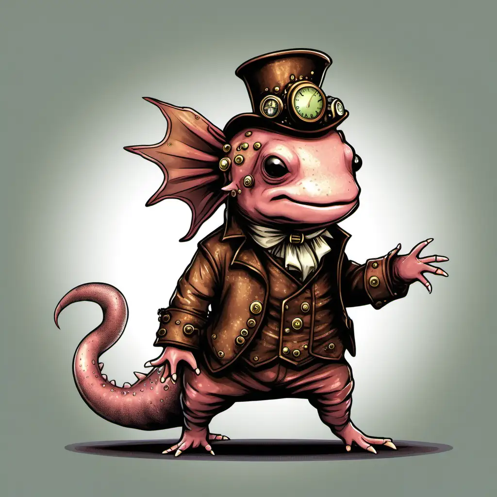 an axolotl for a board game, steam punk theme, brown, full body
