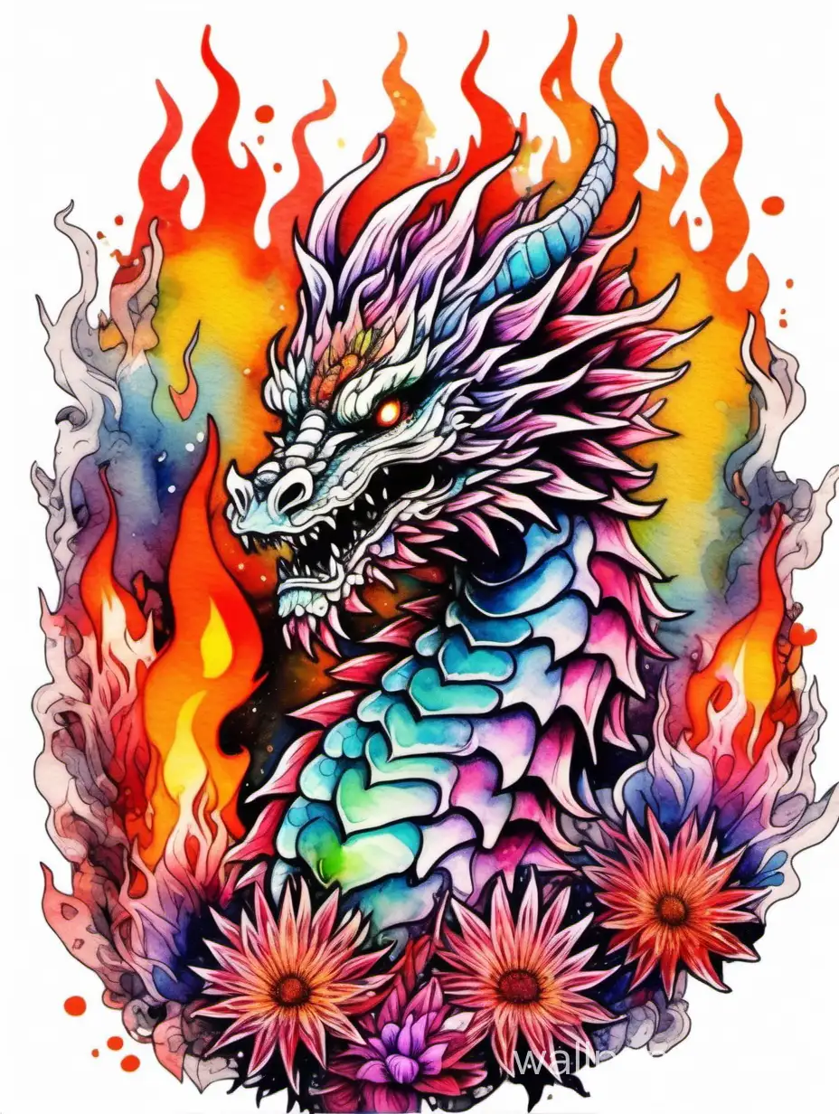 Bohemian illustration, full front head of dragon, fire neon, multicolored drip watercolor, high contrast,  explosive flowers in fire, high light, intricate, white background, sticker effect