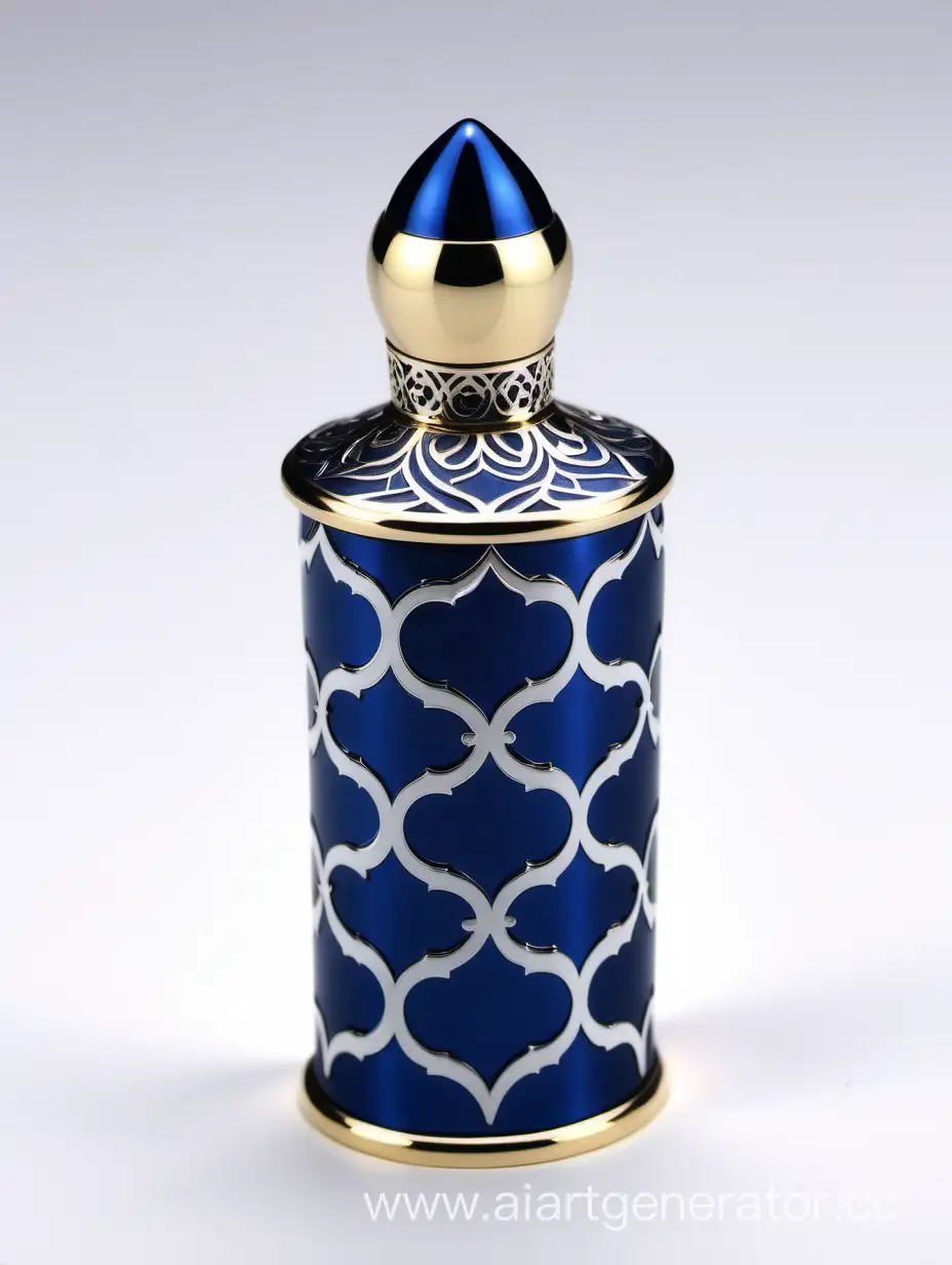 Luxurious-Zamac-Perfume-Decorative-Ornamental-Cap-in-Shiny-Dark-Blue-with-Matt-White-Arabesque-Pattern