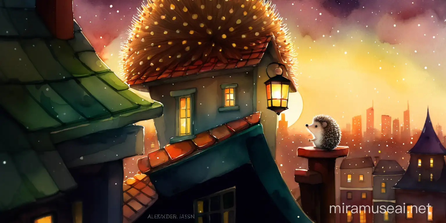 Adorable Hedgehog Watching City Lights from Rooftop