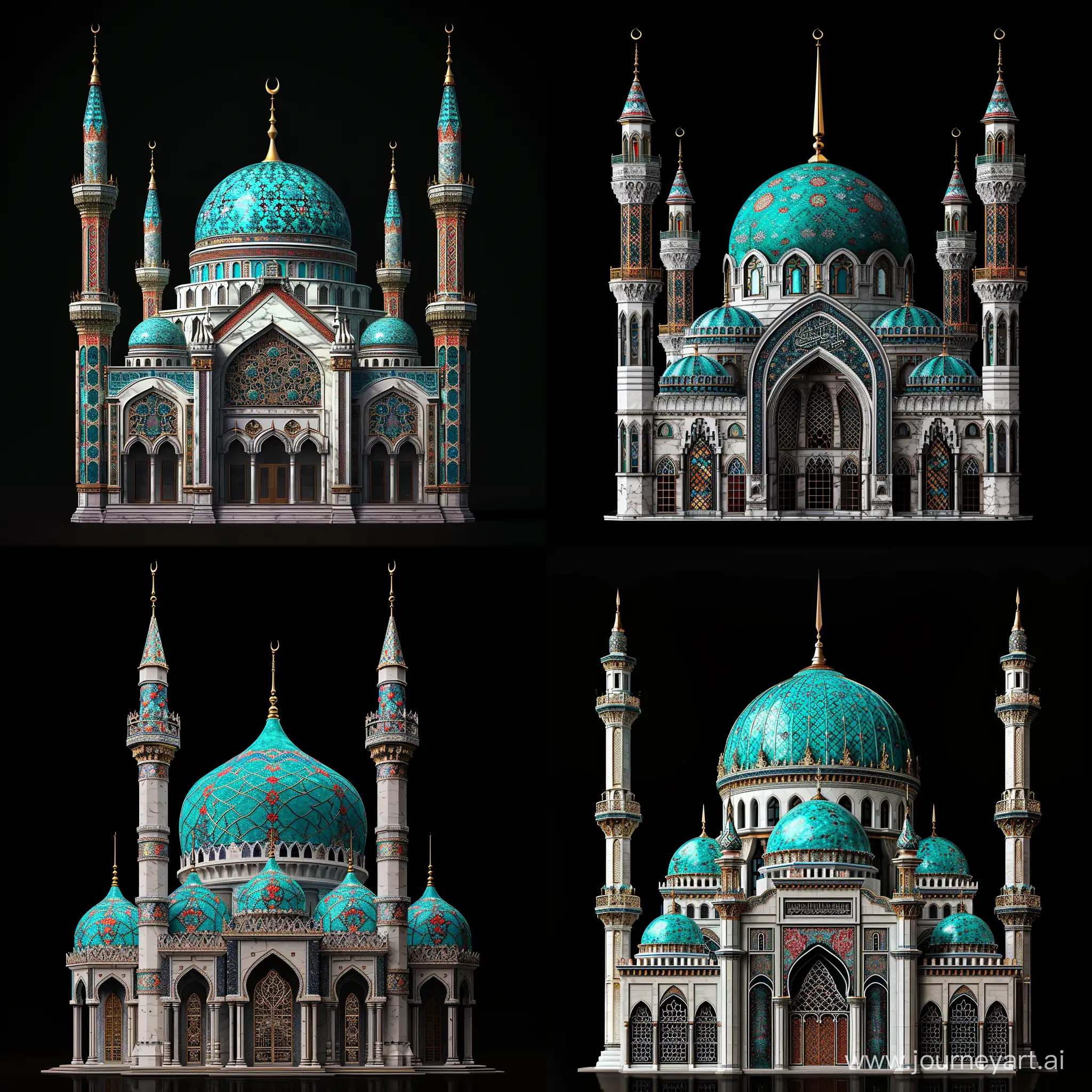 3d rendered: A highly ornamented Tall Umayyad architecture mosque, turquoise tiled timurid dome, thin decorative spires and minarets, White black caramel marbled facade, blue red finely thin floral Persian tiles on spandrels, islamic arabesque openwork lattice windows, shiny gold finial, multi storey, black background, full view, front view, symmetric