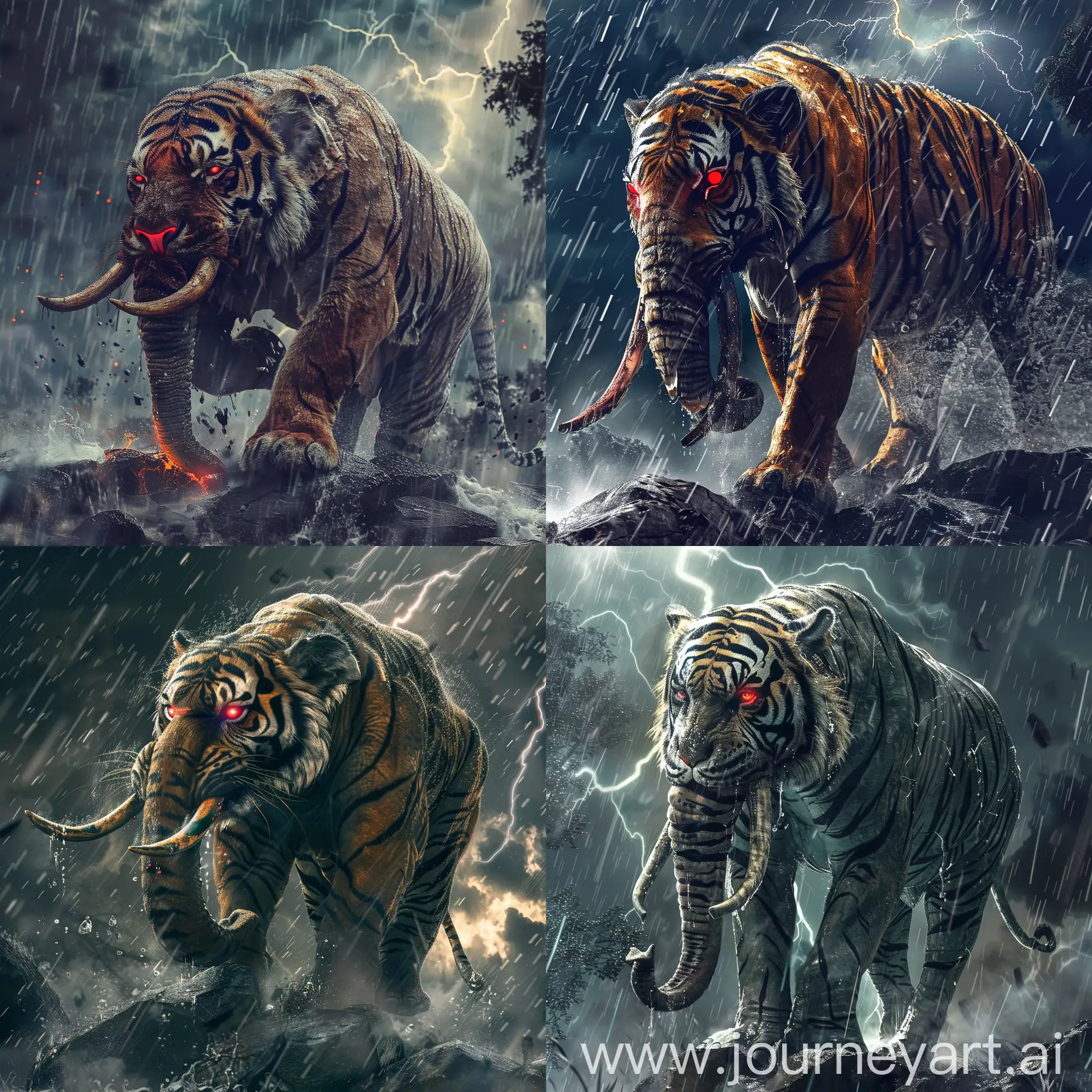A creature half wild tiger, half elephant, red eyes, Standing on rock in rainy weather and thunderstorms, cinematic